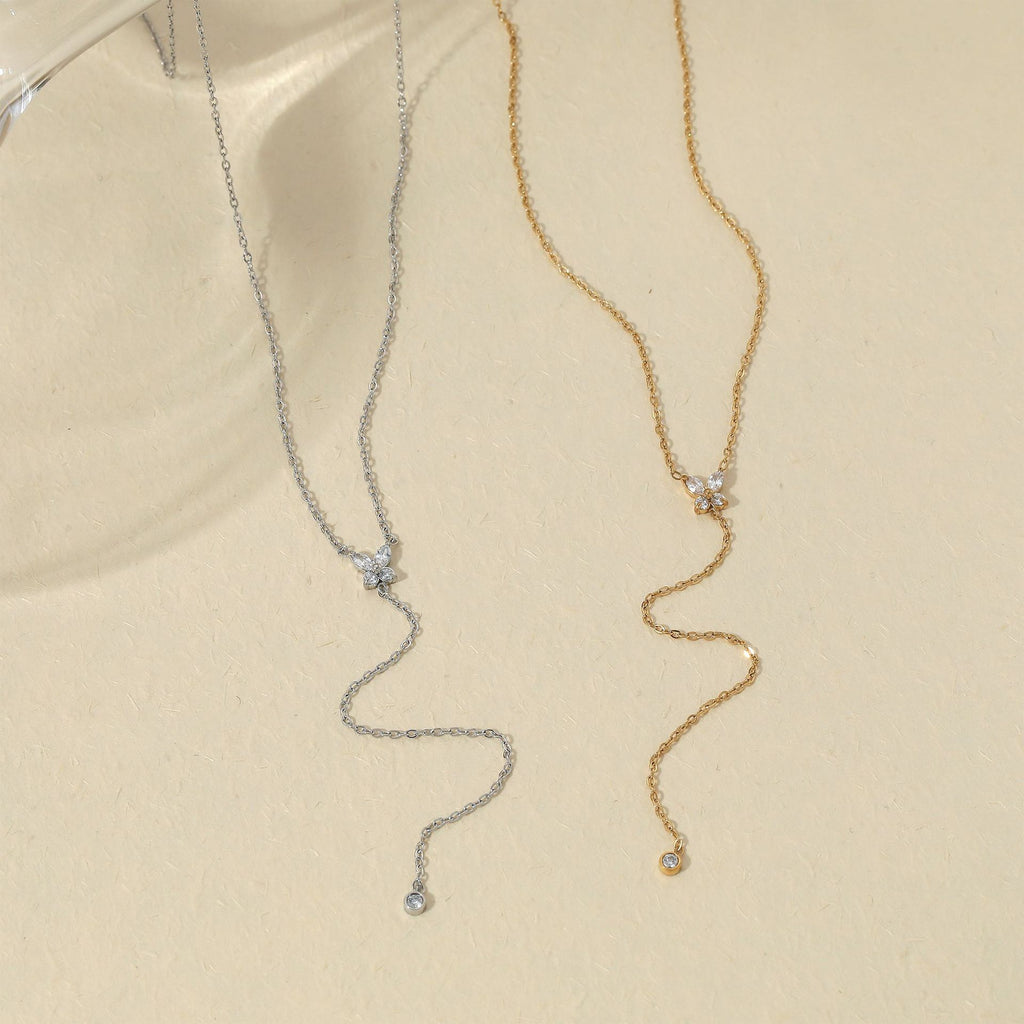 Y Shape Long Pendant with Zircons Stainless Steel Link Chain Necklace 18K Gold Plated Party Fashion Jewelry