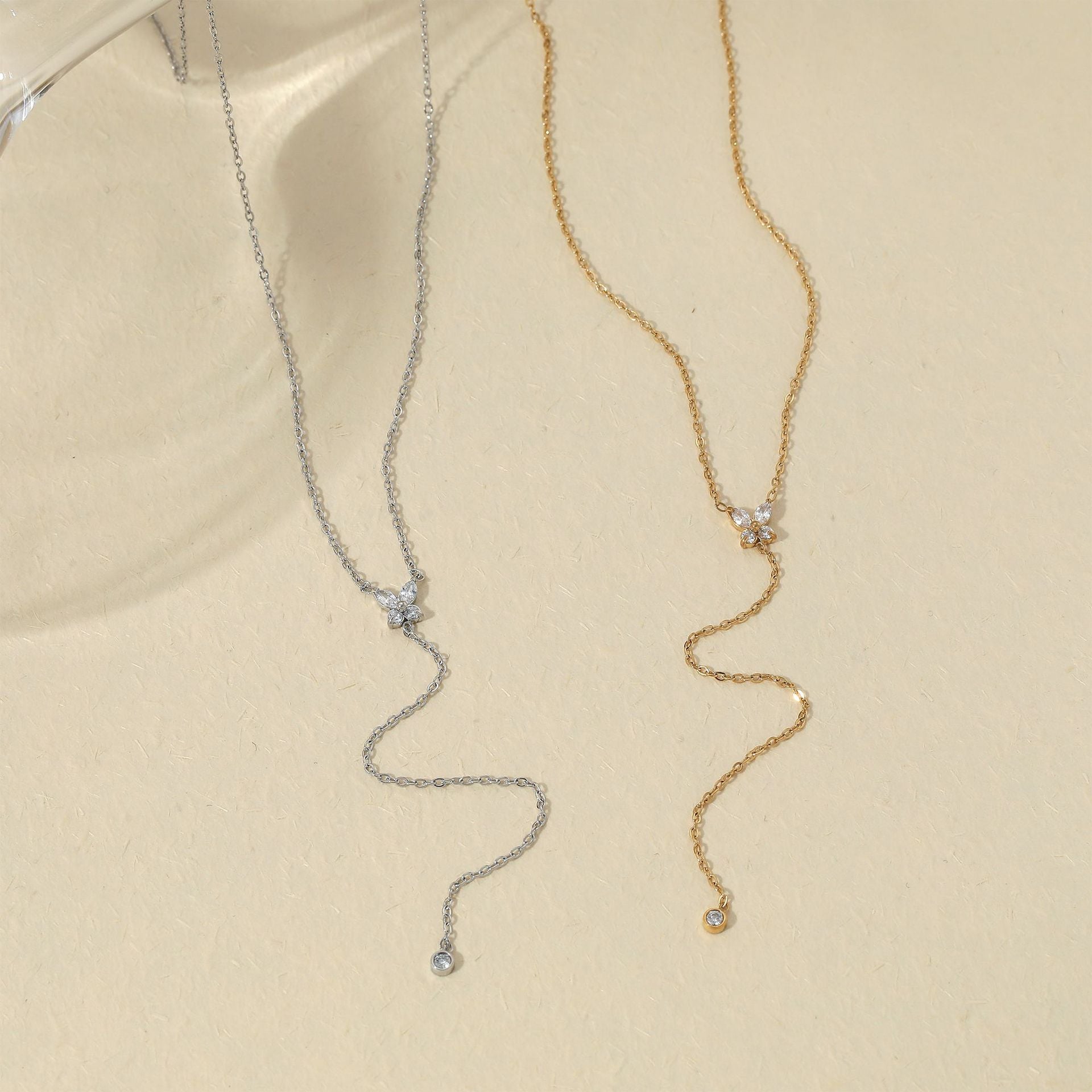 Y Shape Long Pendant with Zircons Stainless Steel Link Chain Necklace 18K Gold Plated Party Fashion Jewelry