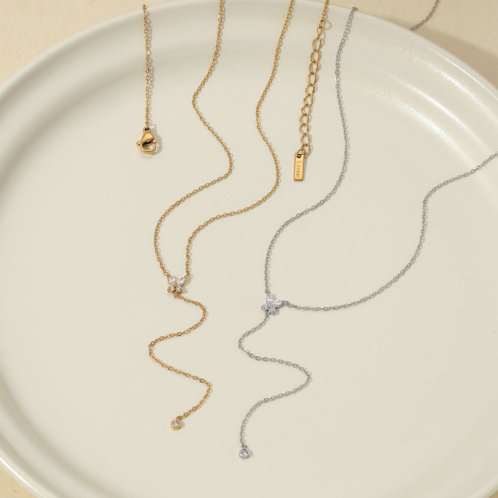 Y Shape Long Pendant with Zircons Stainless Steel Link Chain Necklace 18K Gold Plated Party Fashion Jewelry