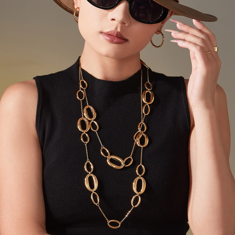 Trendy Stainless Steel Sweater Chain Necklace with 18K Gold Plating for Women-Anniversary Gift