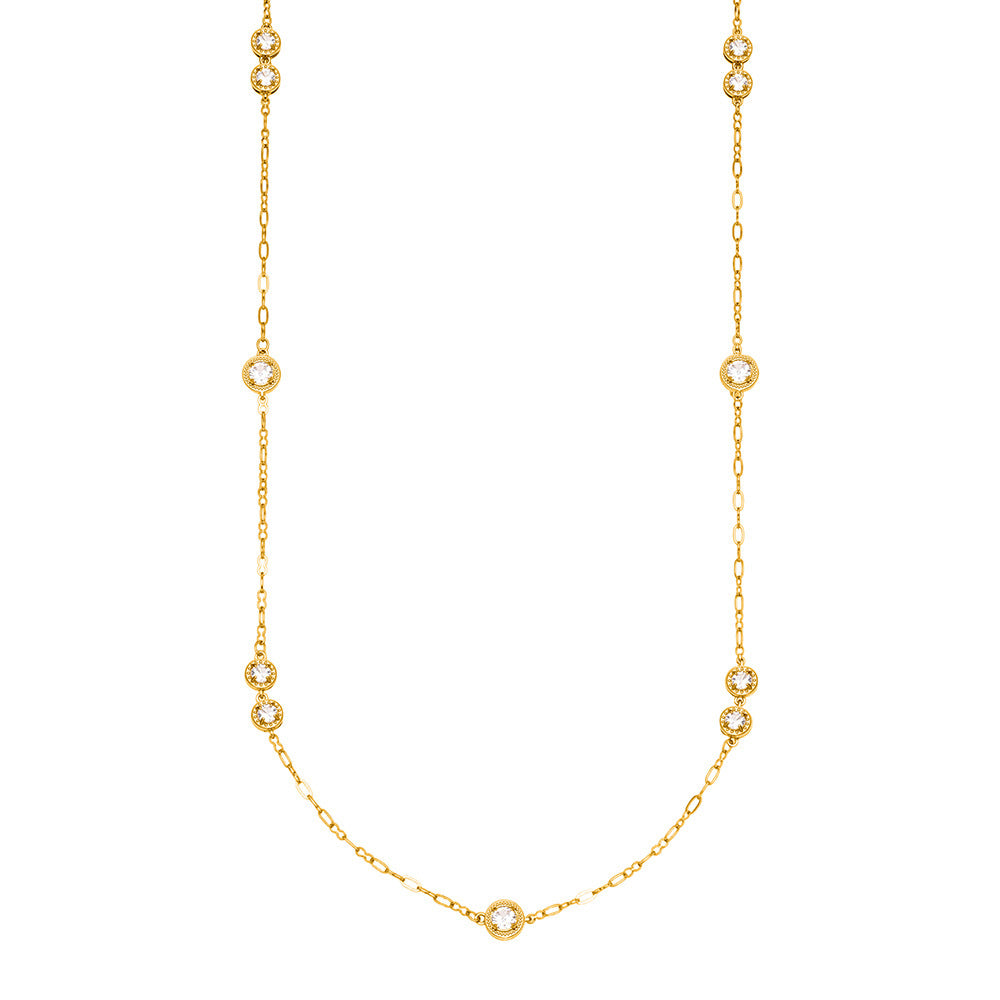 Vintage Gold PVD Stainless Steel Link Chain Long Sweater Necklace with White Zircons Women's Party Fashion Jewelry