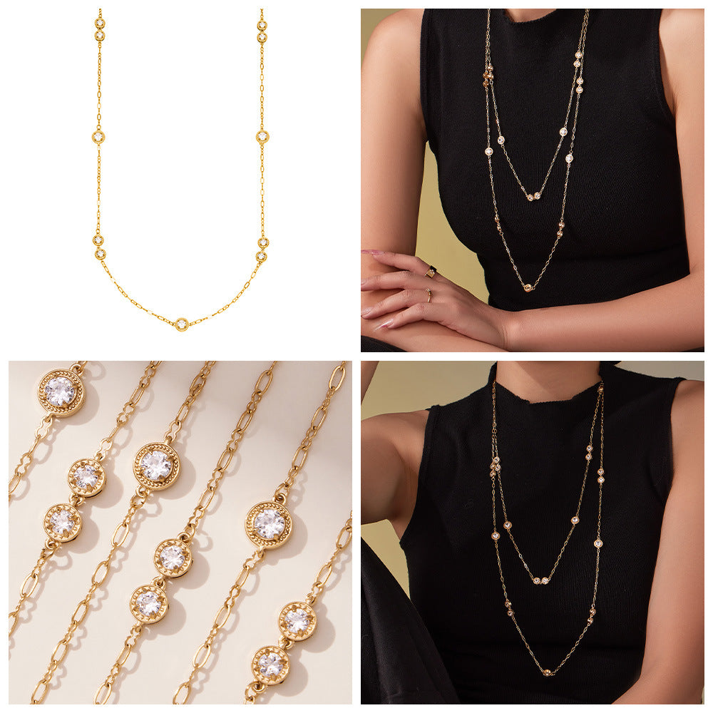 Vintage Gold PVD Stainless Steel Link Chain Long Sweater Necklace with White Zircons Women's Party Fashion Jewelry
