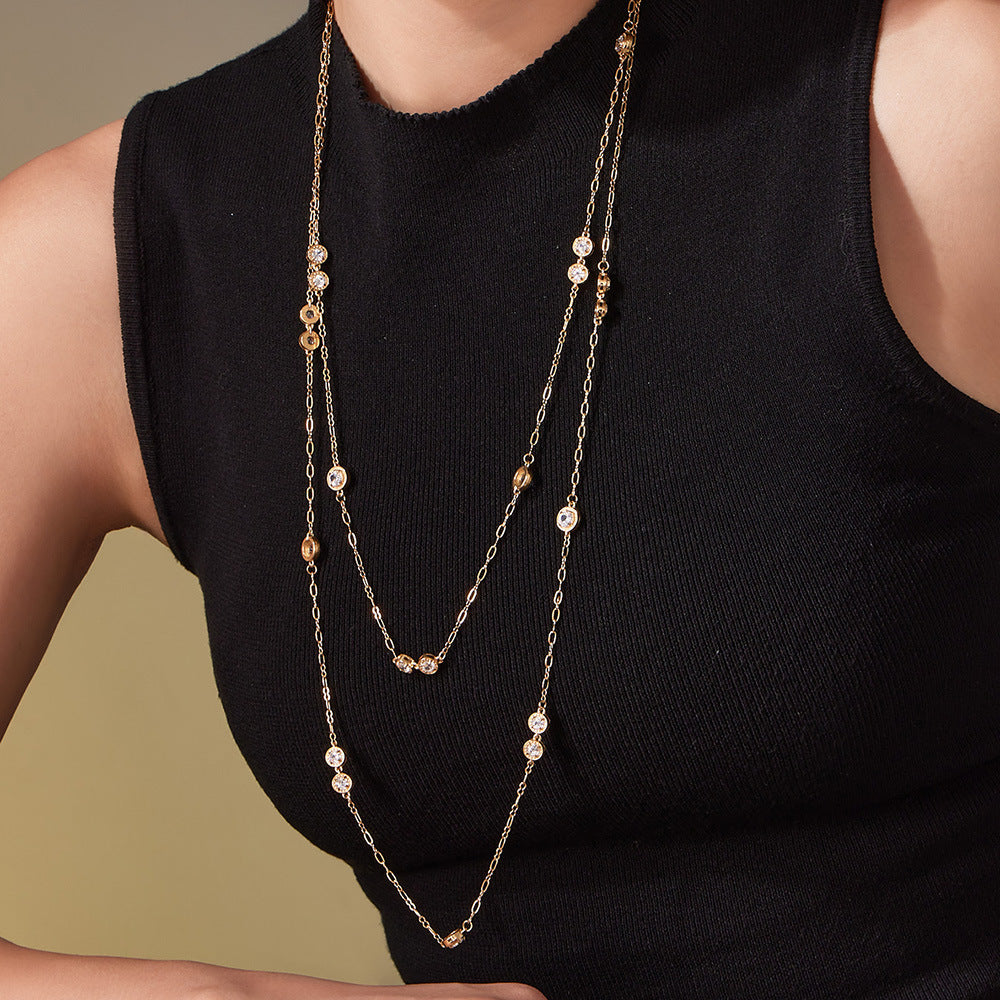 Vintage Gold PVD Stainless Steel Link Chain Long Sweater Necklace with White Zircons Women's Party Fashion Jewelry