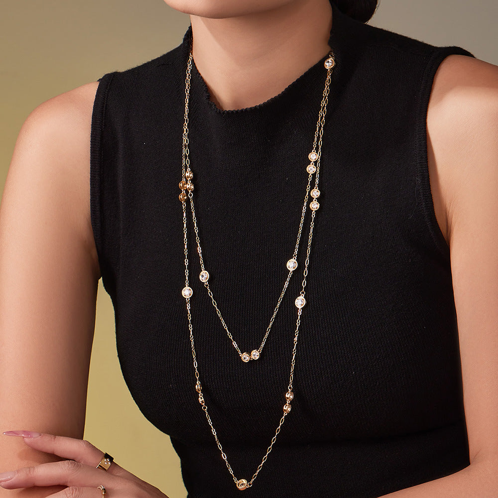 Vintage Gold PVD Stainless Steel Link Chain Long Sweater Necklace with White Zircons Women's Party Fashion Jewelry