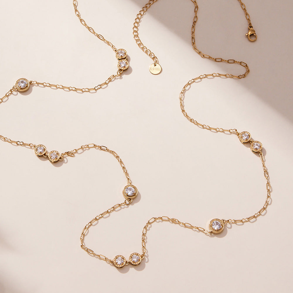 Vintage Gold PVD Stainless Steel Link Chain Long Sweater Necklace with White Zircons Women's Party Fashion Jewelry