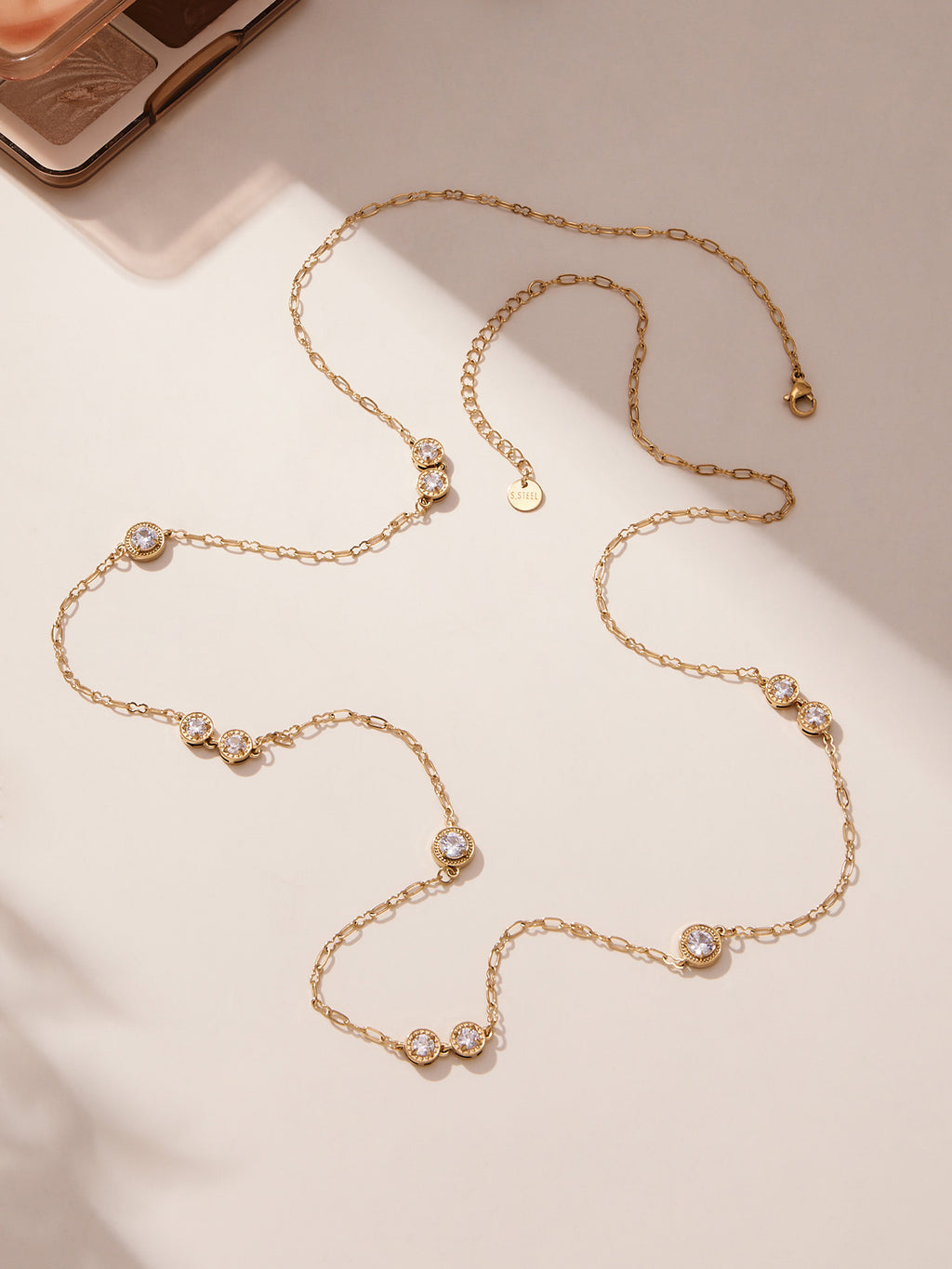 Vintage Gold PVD Stainless Steel Link Chain Long Sweater Necklace with White Zircons Women's Party Fashion Jewelry