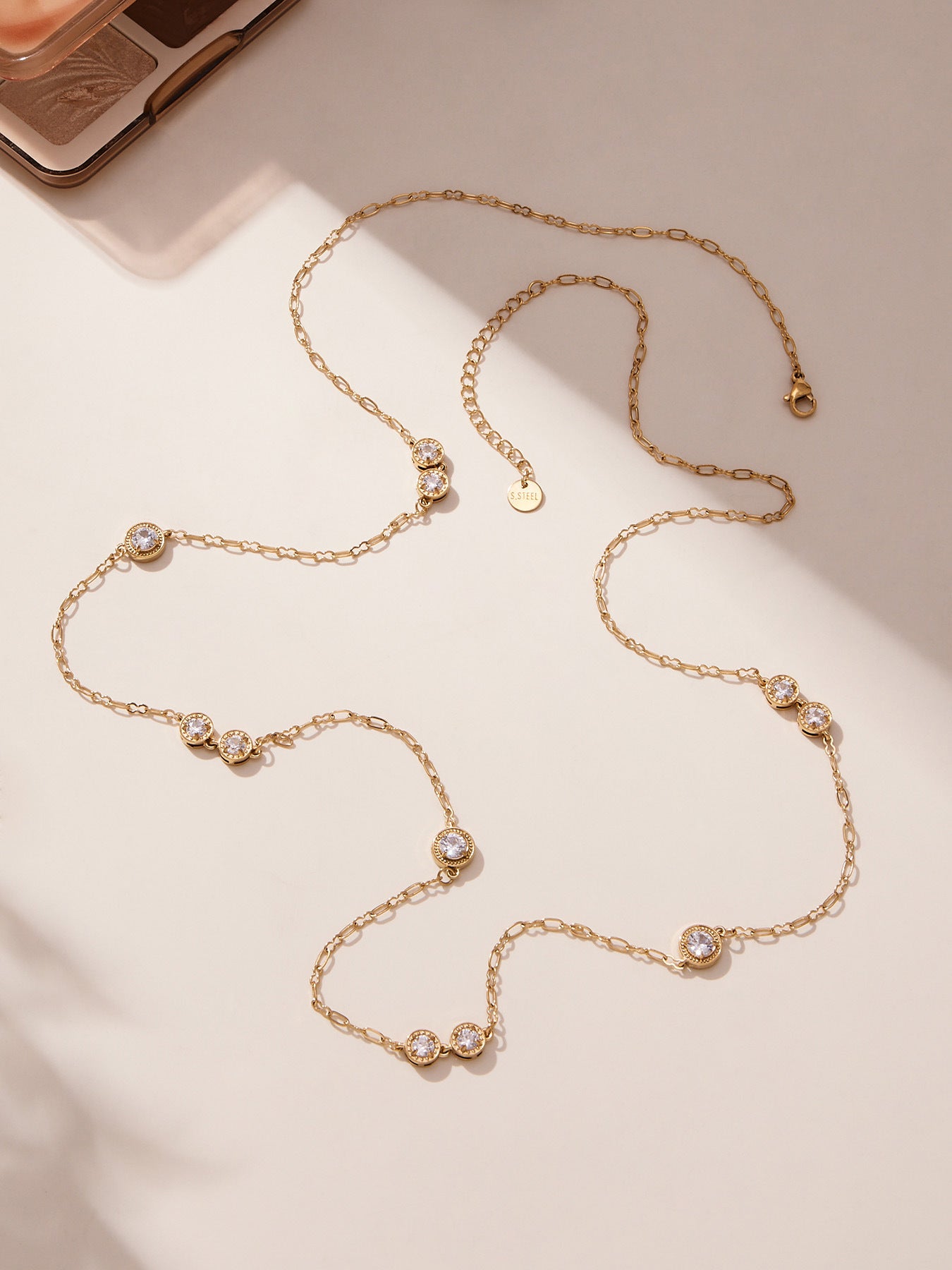 Vintage Gold PVD Stainless Steel Link Chain Long Sweater Necklace with White Zircons Women's Party Fashion Jewelry
