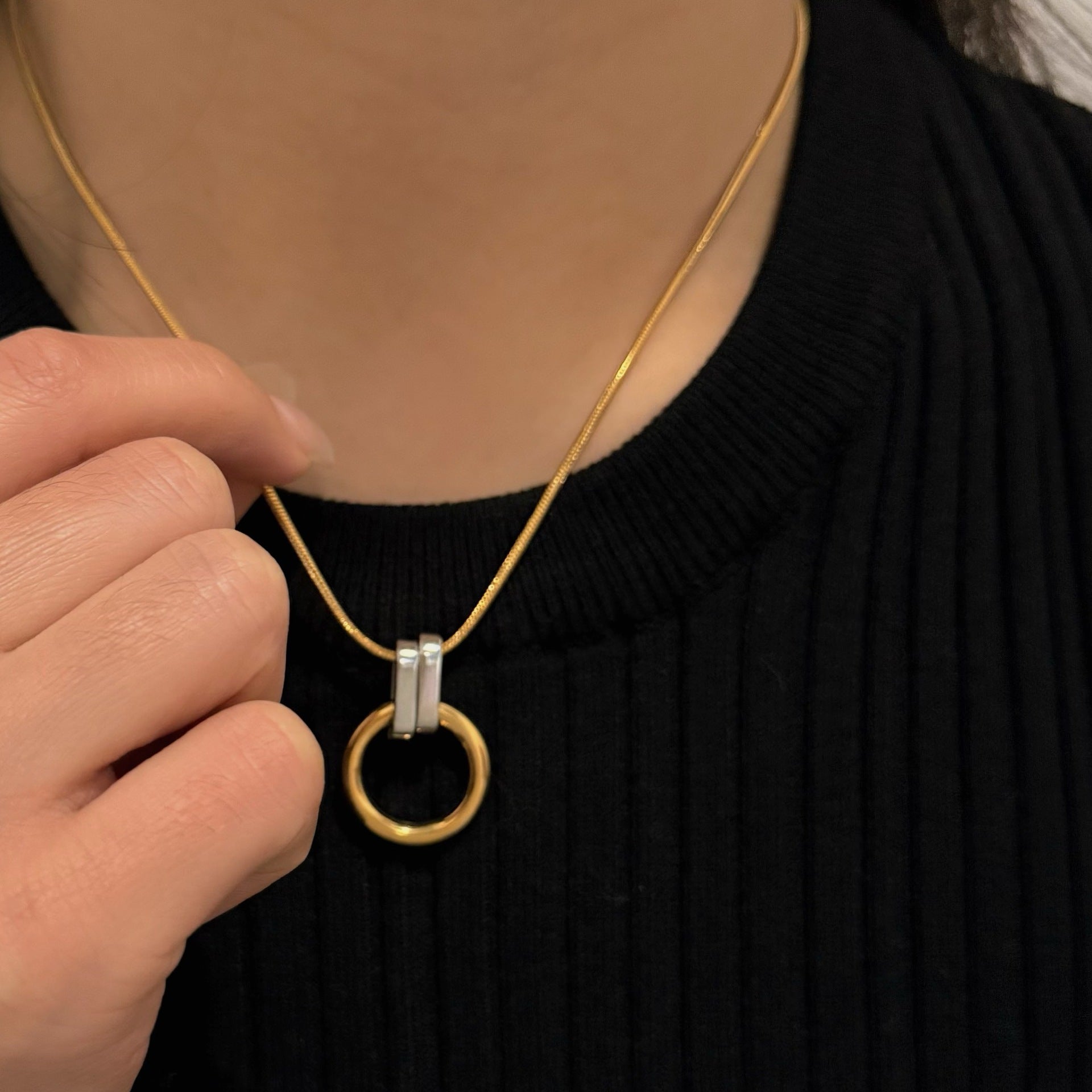 Stainless Steel pendant Necklace 18K Gold silver 2-tone Plated Pendant Choker Rope Chain Adjustable Anniversary jewelry