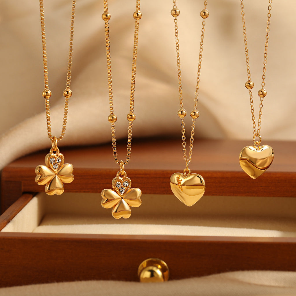 Women's Trendy Stainless Steel 18K Gold Plated Zircon Flower Heart Pendant Necklace with Link Chain Party Gift