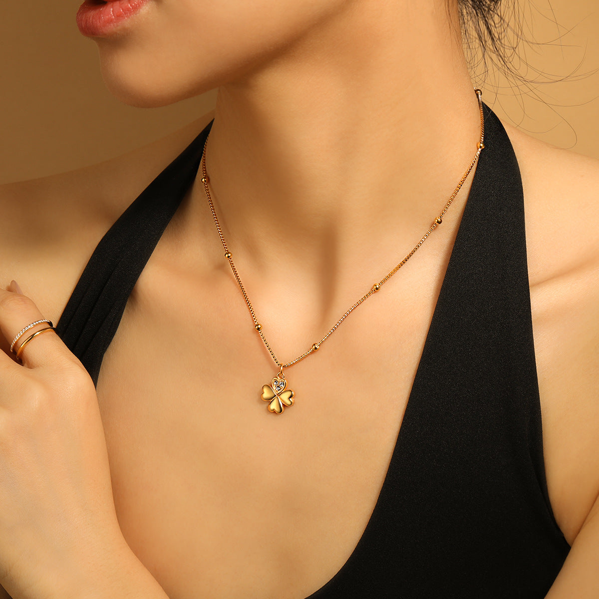 Women's Trendy Stainless Steel 18K Gold Plated Zircon Flower Heart Pendant Necklace with Link Chain Party Gift