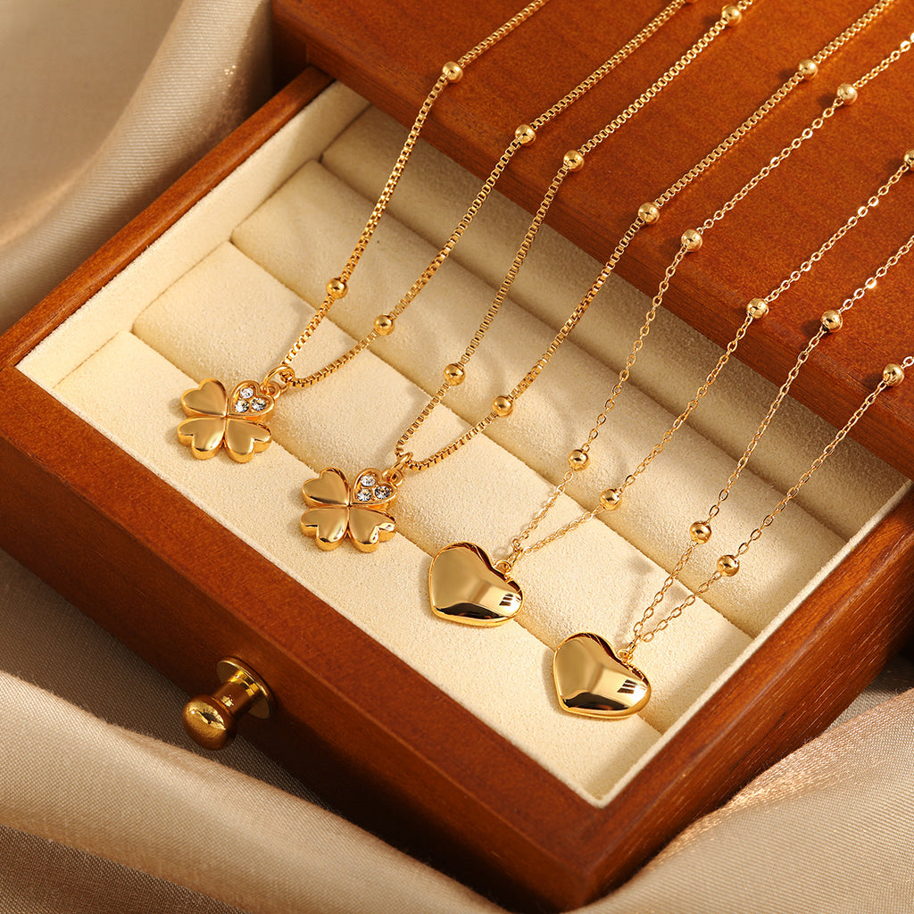 Women's Trendy Stainless Steel 18K Gold Plated Zircon Flower Heart Pendant Necklace with Link Chain Party Gift