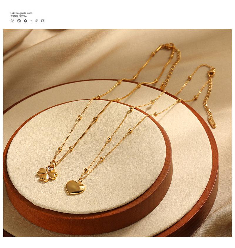 Women's Trendy Stainless Steel 18K Gold Plated Zircon Flower Heart Pendant Necklace with Link Chain Party Gift