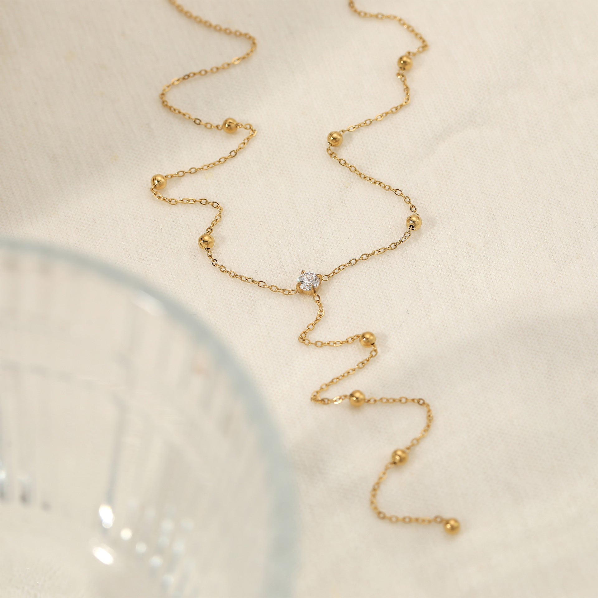 Stainless Steel Classic Y Shape Long Pendant Link Chain Zircon Necklace 18K Gold Plated Lab Created Fine Jewelry