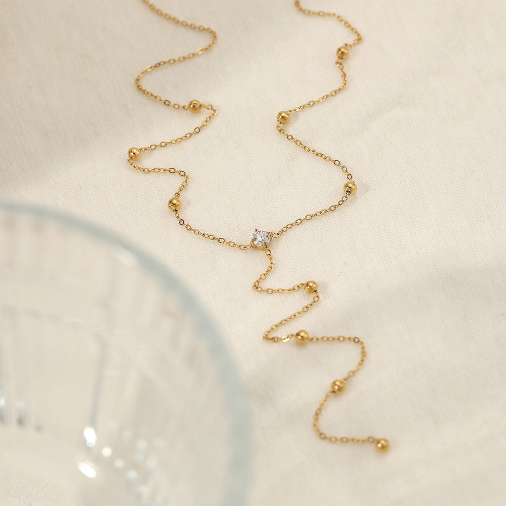 Stainless Steel Classic Y Shape Long Pendant Link Chain Zircon Necklace 18K Gold Plated Lab Created Fine Jewelry