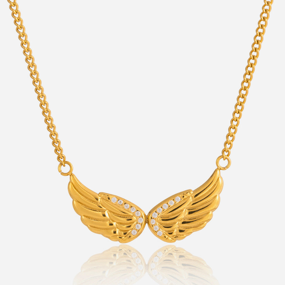 Stainless Steel 18K Gold Plated Pendant Necklace Lab Created Zircon Wing Design Adjustable Link Chain Classic Style for Women