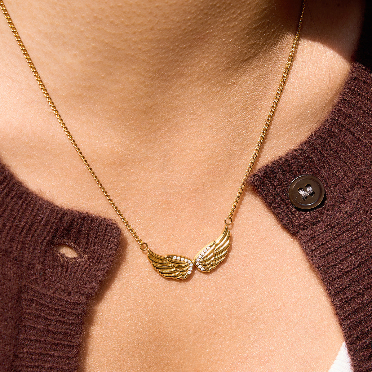 Stainless Steel 18K Gold Plated Pendant Necklace Lab Created Zircon Wing Design Adjustable Link Chain Classic Style for Women