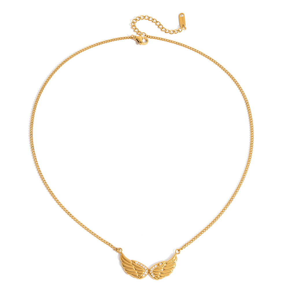 Stainless Steel 18K Gold Plated Pendant Necklace Lab Created Zircon Wing Design Adjustable Link Chain Classic Style for Women