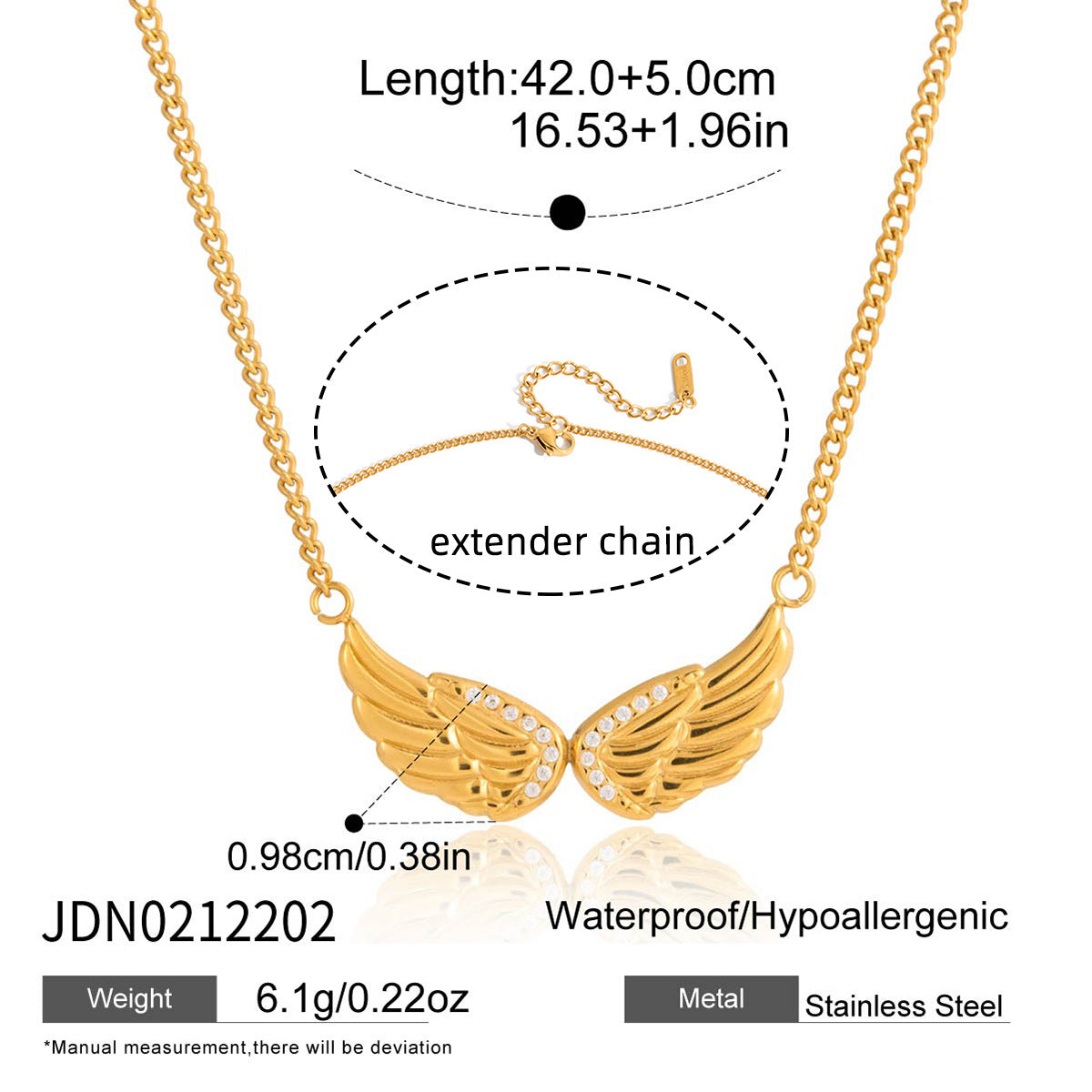 Stainless Steel 18K Gold Plated Pendant Necklace Lab Created Zircon Wing Design Adjustable Link Chain Classic Style for Women