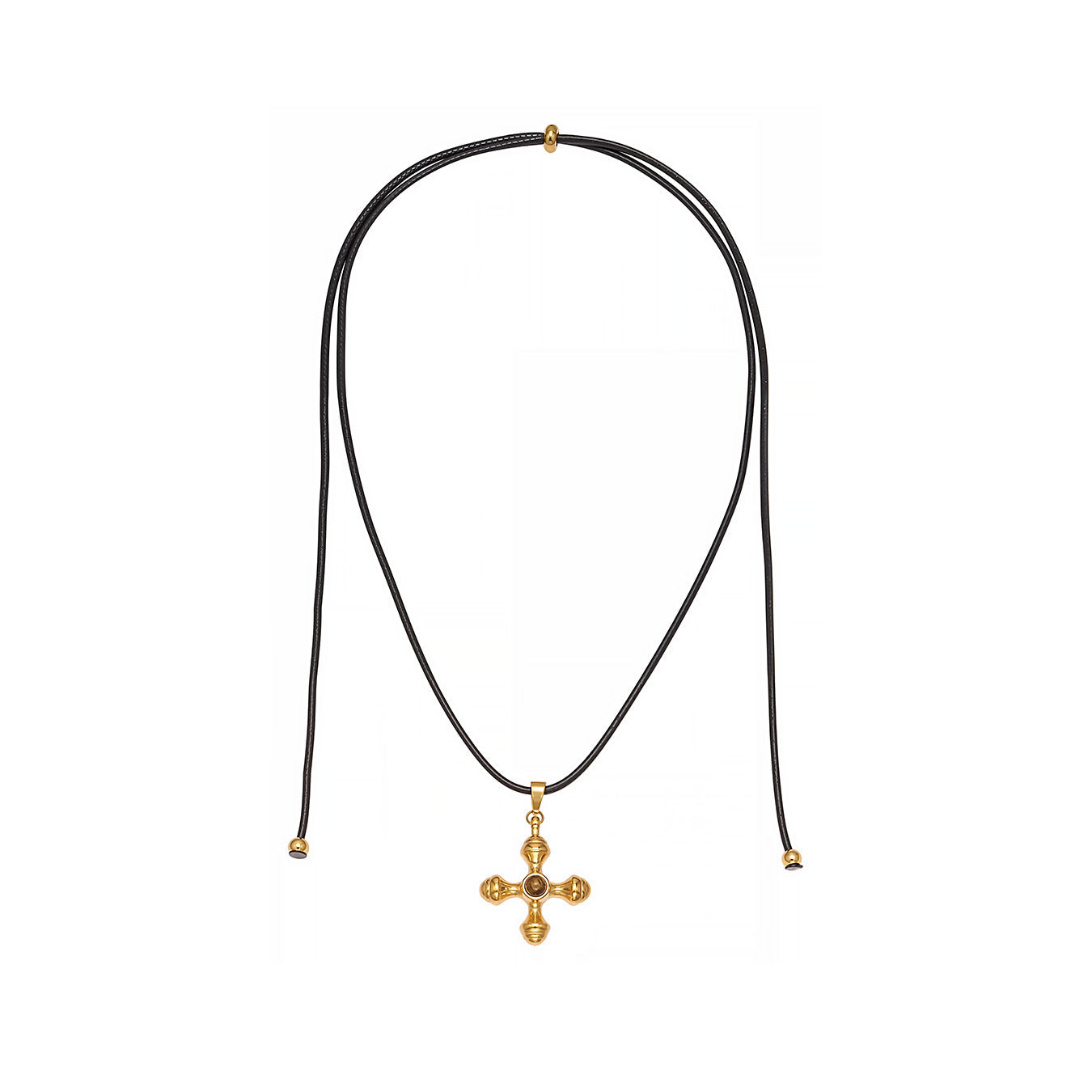 Vintage Tiger Eye Gemstone Natural Cross Pendant PU Rope Chain Adjustable Necklace Stainless Steel Real Gold PVD Jewelry Party
