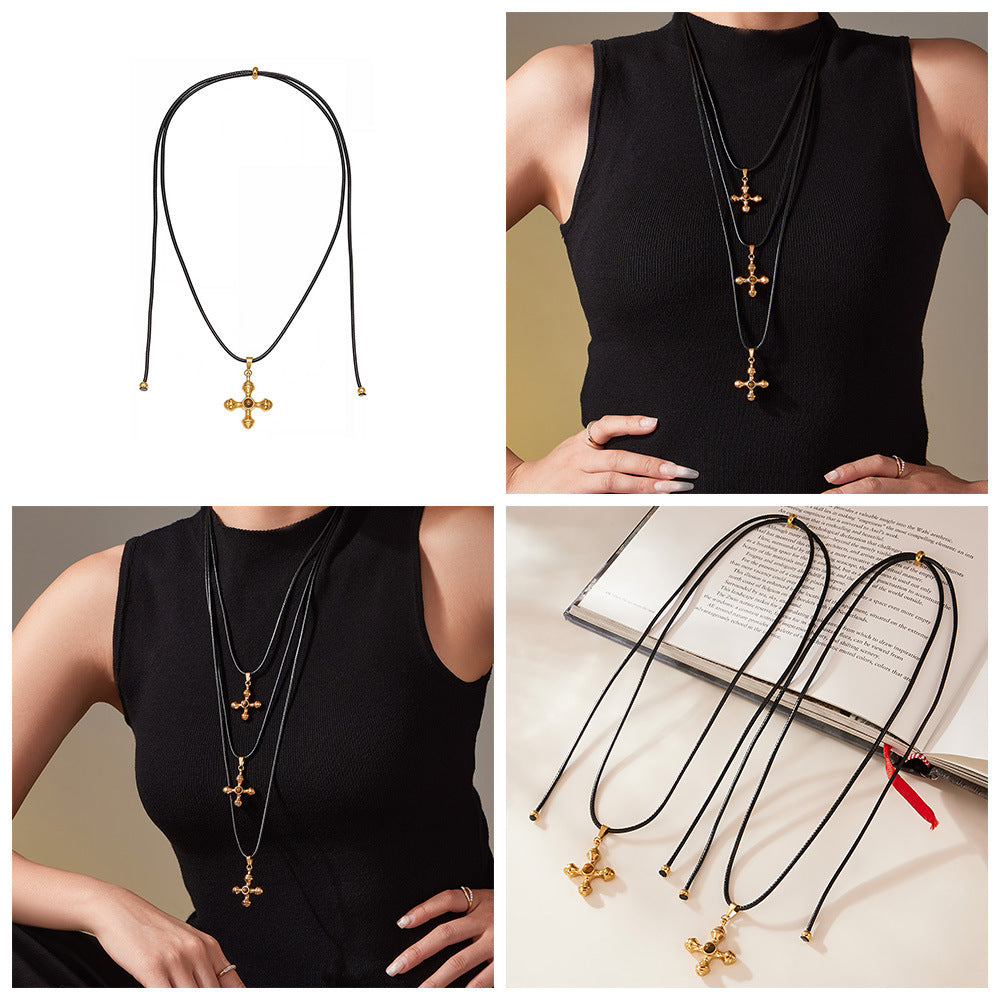 Vintage Tiger Eye Gemstone Natural Cross Pendant PU Rope Chain Adjustable Necklace Stainless Steel Real Gold PVD Jewelry Party