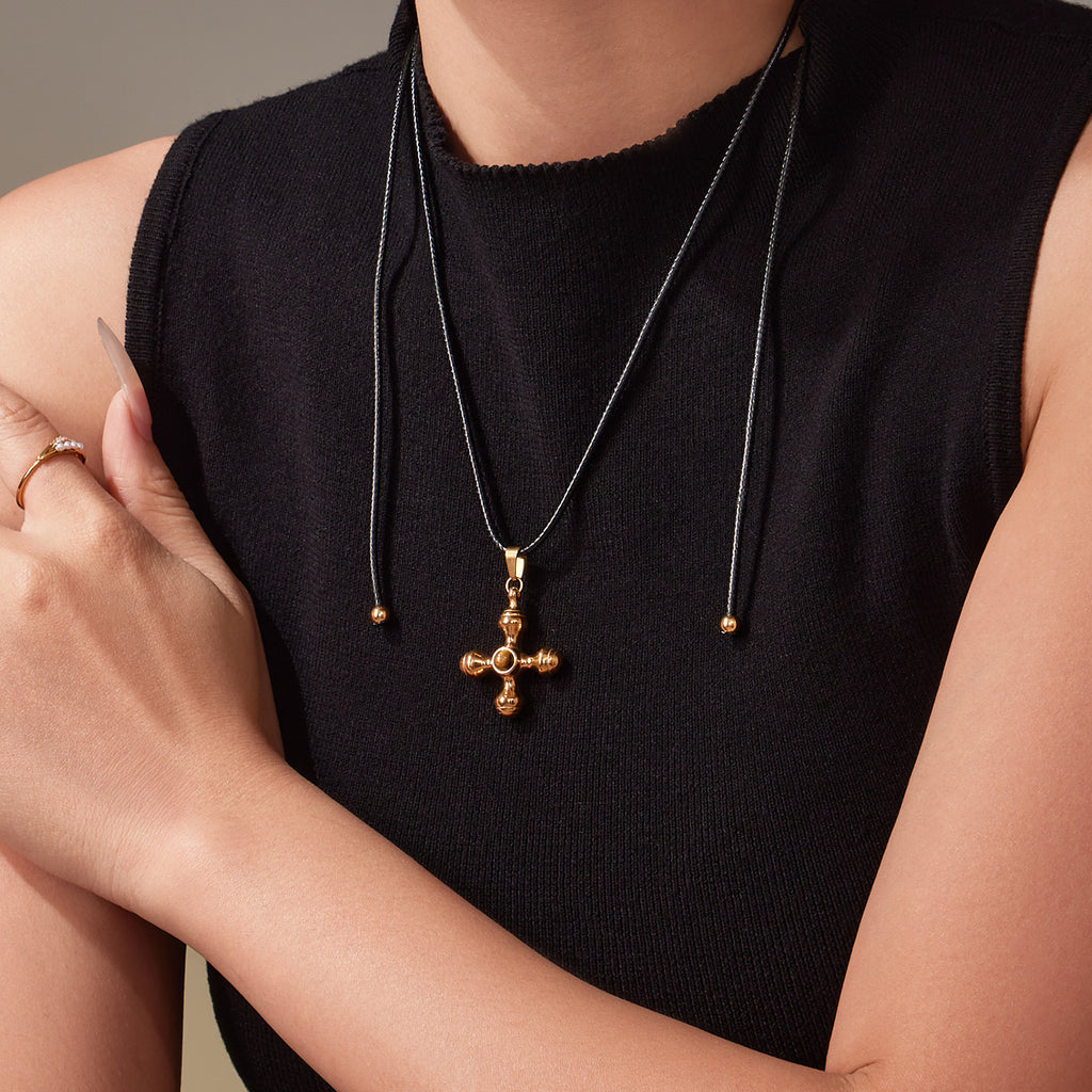 Vintage Tiger Eye Gemstone Natural Cross Pendant PU Rope Chain Adjustable Necklace Stainless Steel Real Gold PVD Jewelry Party