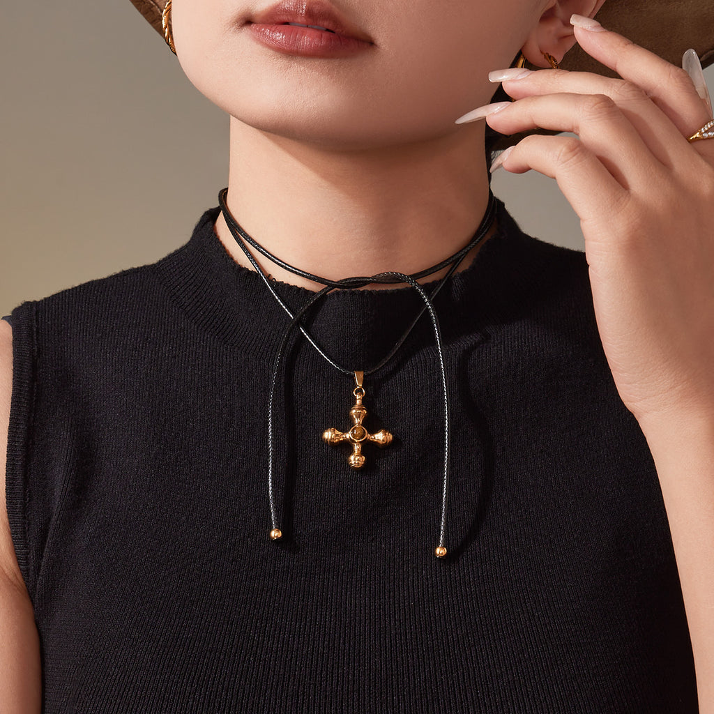 Vintage Tiger Eye Gemstone Natural Cross Pendant PU Rope Chain Adjustable Necklace Stainless Steel Real Gold PVD Jewelry Party