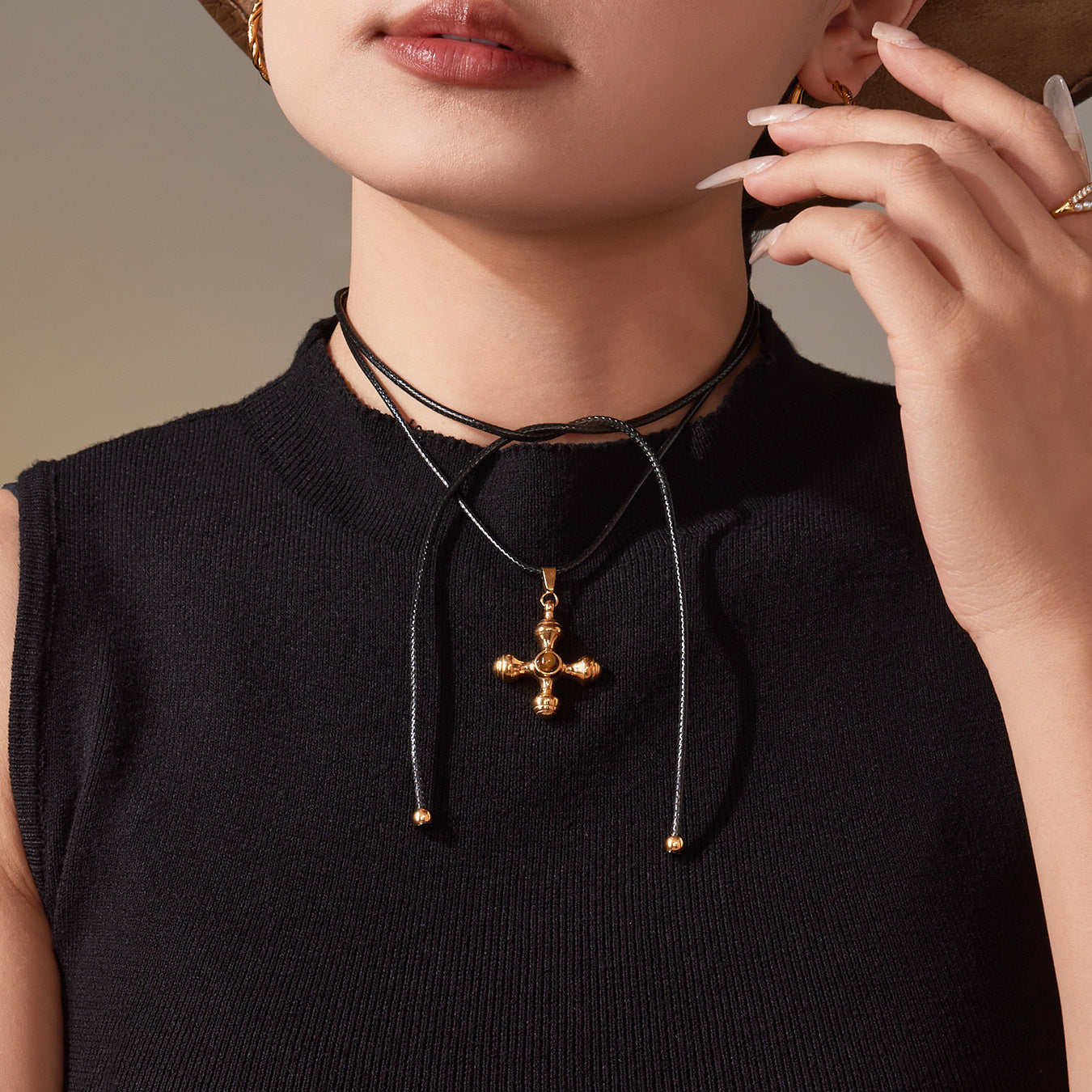 Vintage Tiger Eye Gemstone Natural Cross Pendant PU Rope Chain Adjustable Necklace Stainless Steel Real Gold PVD Jewelry Party