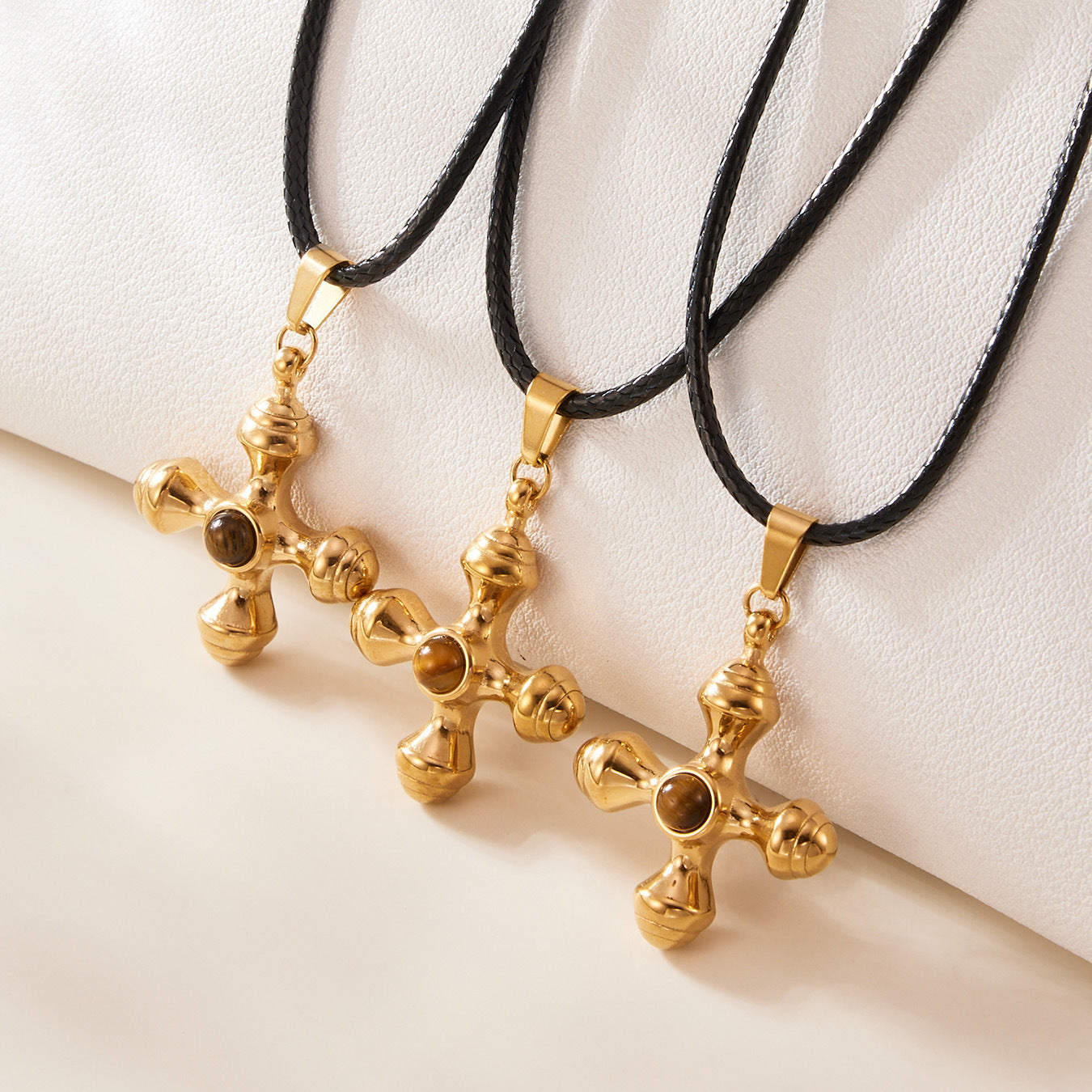 Vintage Tiger Eye Gemstone Natural Cross Pendant PU Rope Chain Adjustable Necklace Stainless Steel Real Gold PVD Jewelry Party