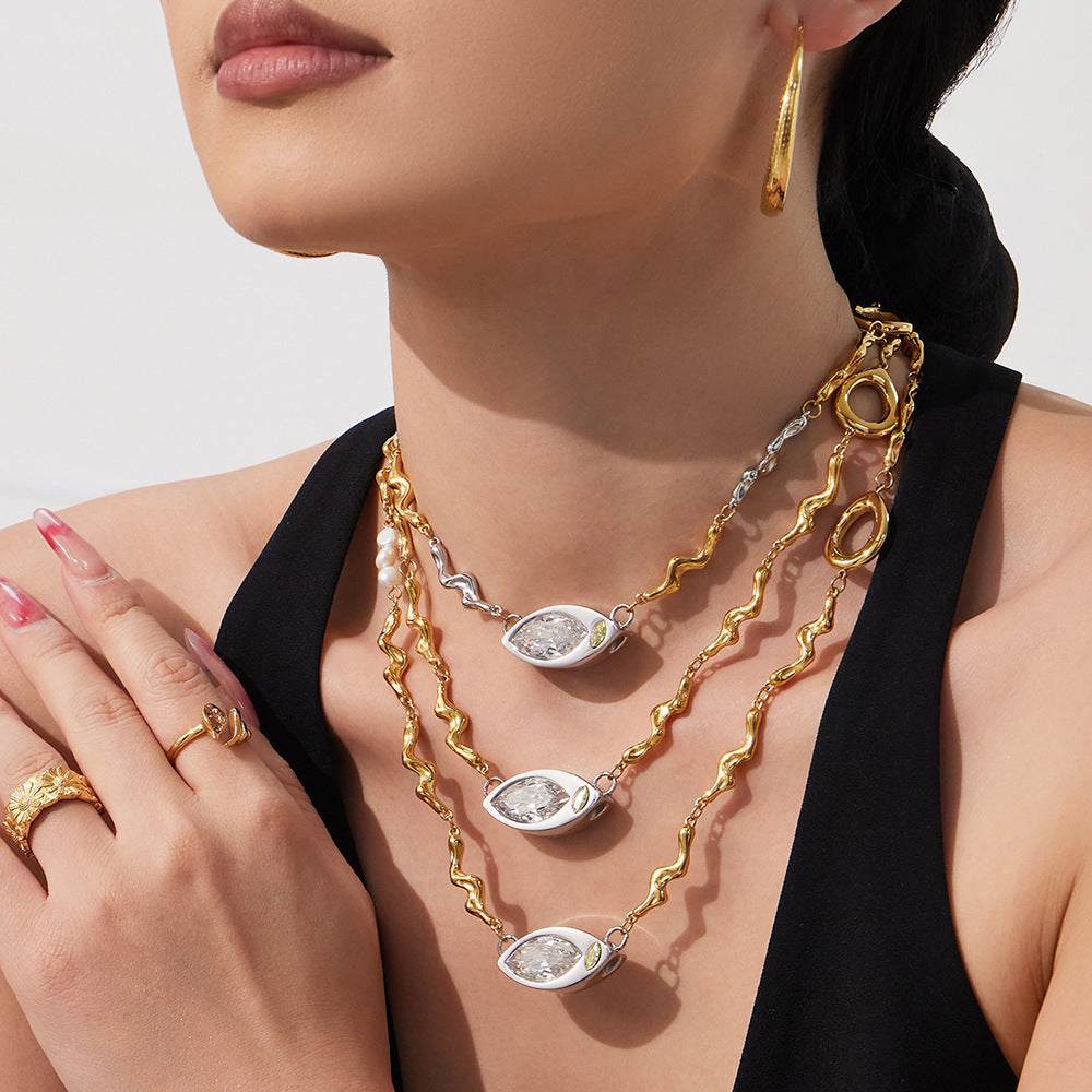 Trendy 18K Gold Plated Stainless Steel Large Eye Shaped White Zircon Pendant Necklace Freshwater Pearl Irregular Chain-Best Gift