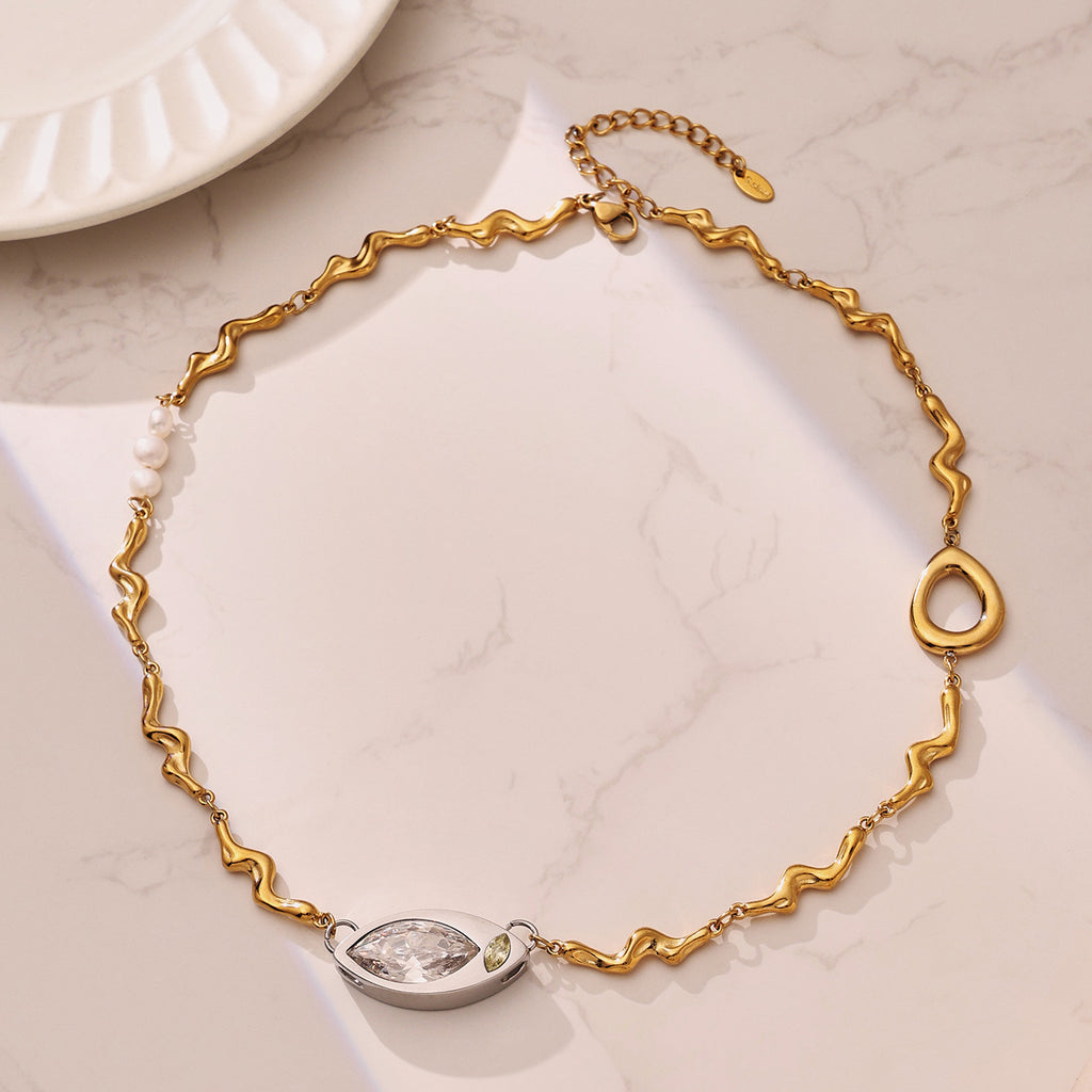 Trendy 18K Gold Plated Stainless Steel Large Eye Shaped White Zircon Pendant Necklace Freshwater Pearl Irregular Chain-Best Gift