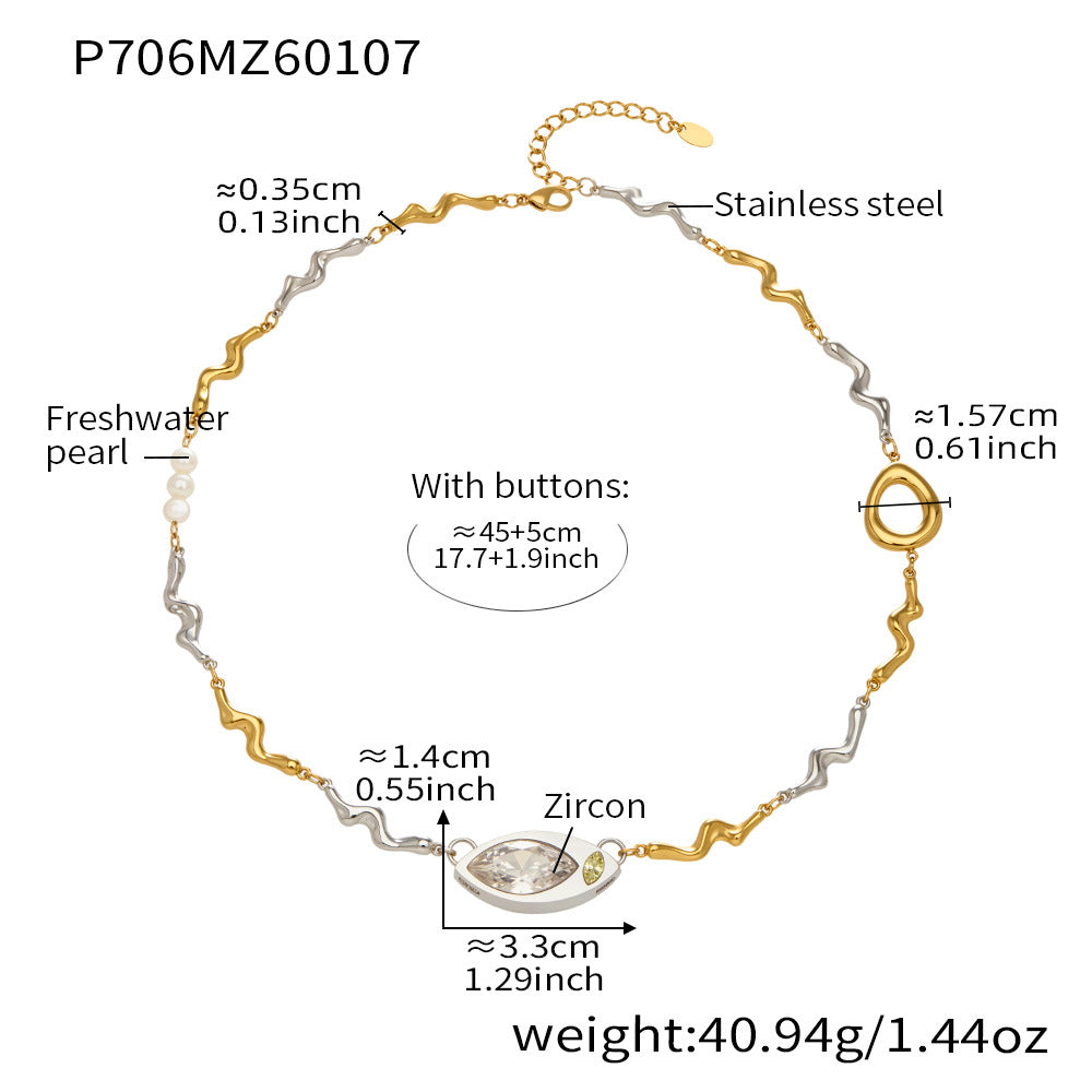 Trendy 18K Gold Plated Stainless Steel Large Eye Shaped White Zircon Pendant Necklace Freshwater Pearl Irregular Chain-Best Gift