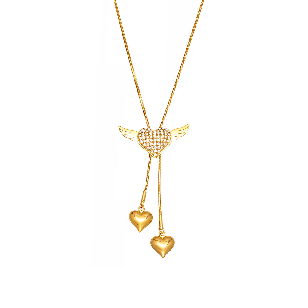 Stainless Steel Zircon Necklace 18K Gold Plated Dazzling Angel Wing Heart Pendant Choker Rope Chain Adjustable Anniversary