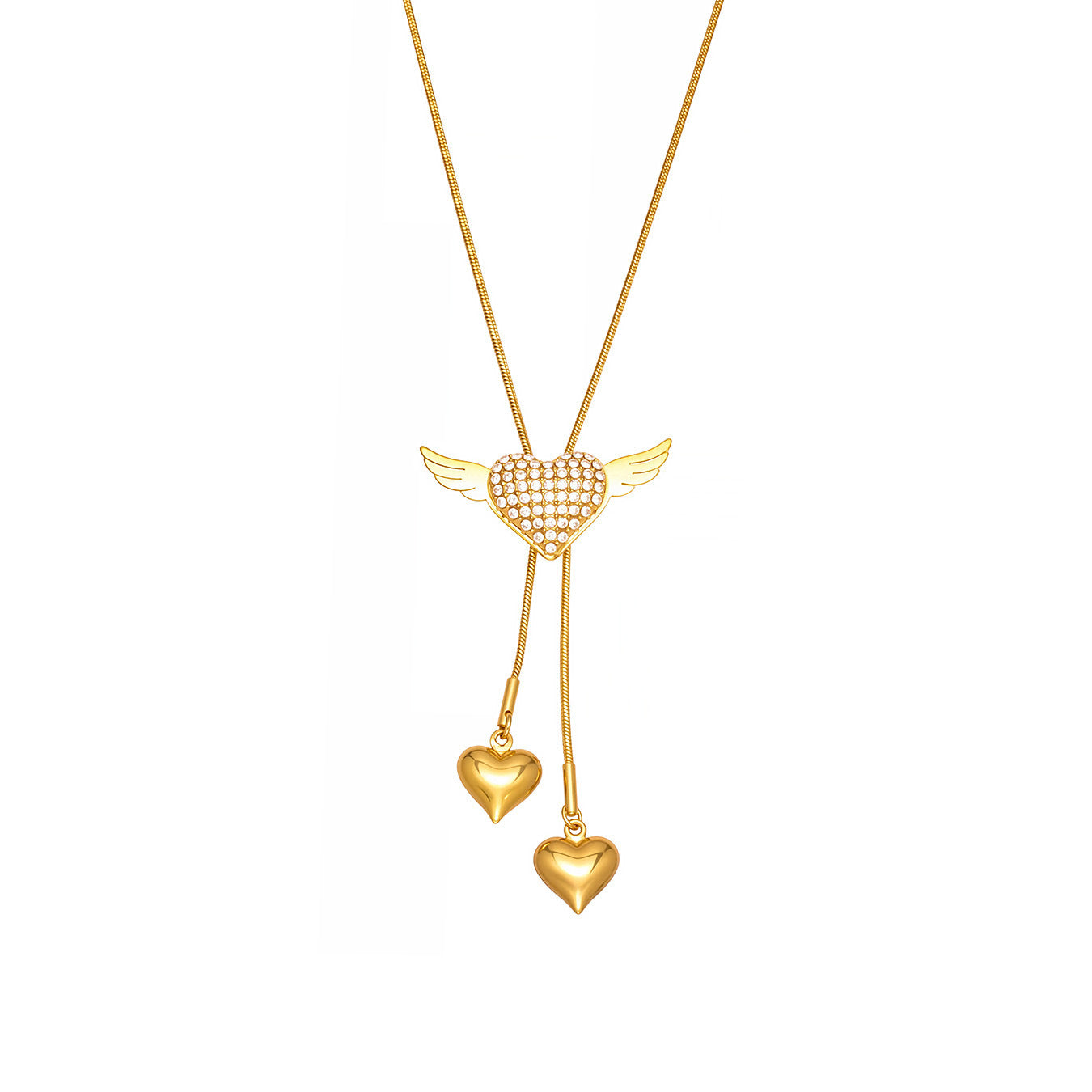 Stainless Steel Zircon Necklace 18K Gold Plated Dazzling Angel Wing Heart Pendant Choker Rope Chain Adjustable Anniversary