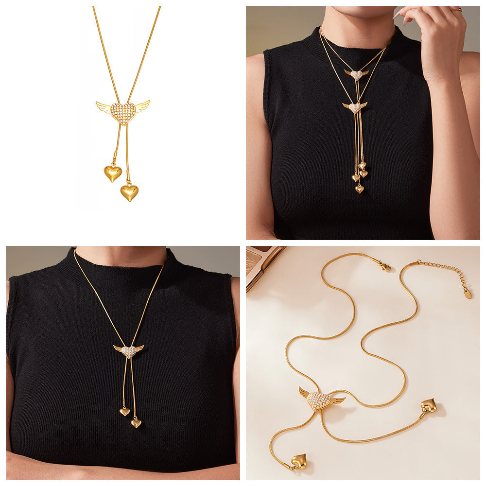 Stainless Steel Zircon Necklace 18K Gold Plated Dazzling Angel Wing Heart Pendant Choker Rope Chain Adjustable Anniversary