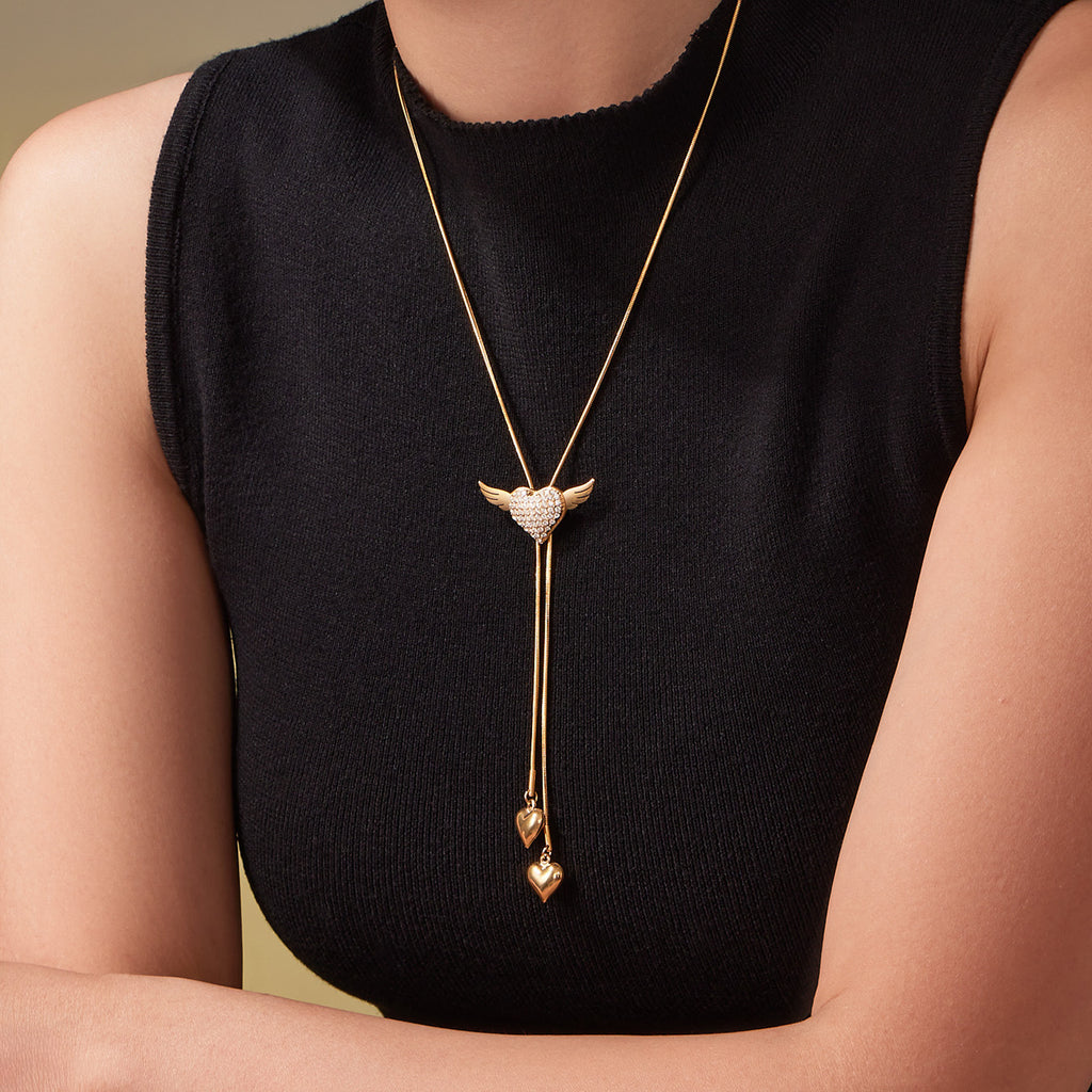 Stainless Steel Zircon Necklace 18K Gold Plated Dazzling Angel Wing Heart Pendant Choker Rope Chain Adjustable Anniversary