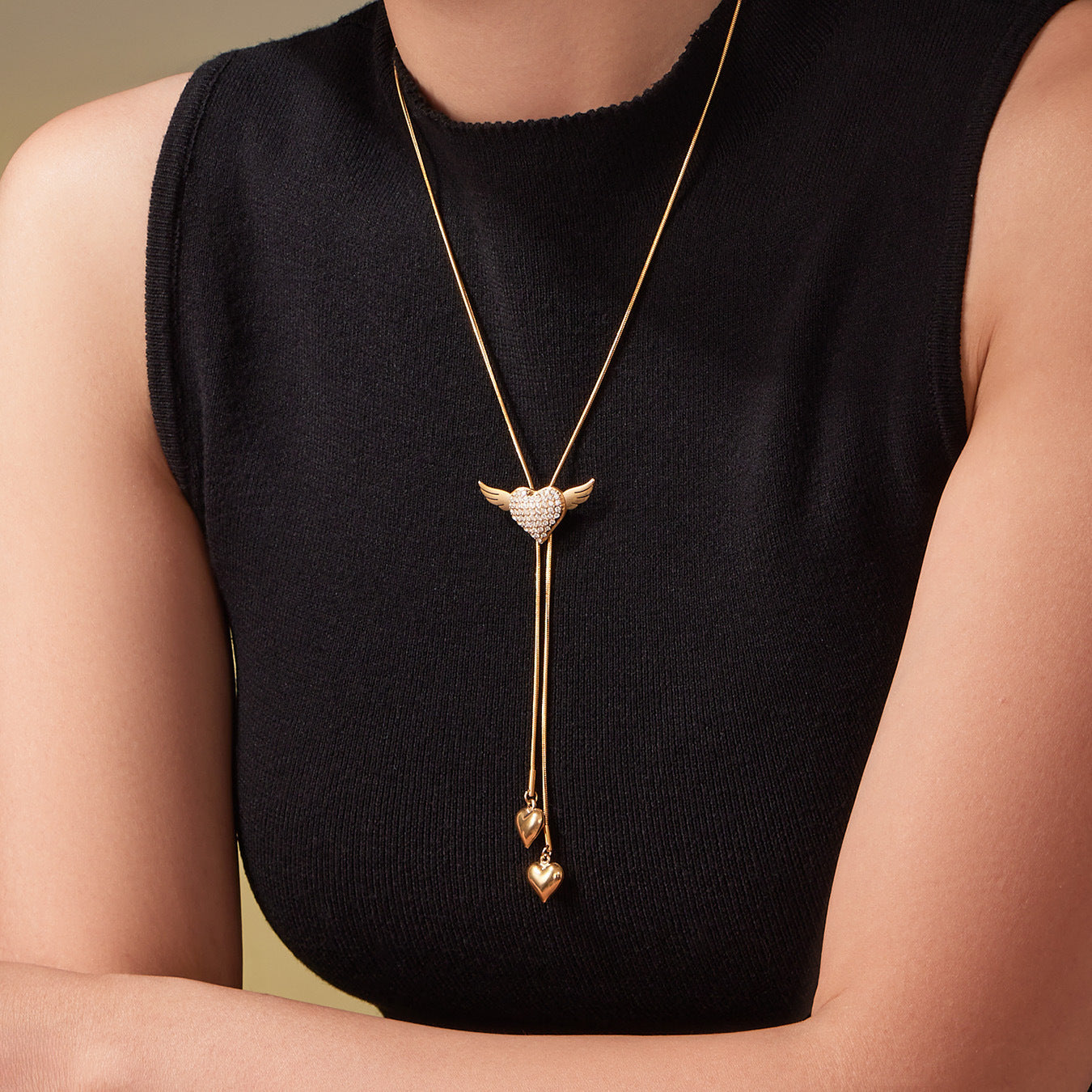 Stainless Steel Zircon Necklace 18K Gold Plated Dazzling Angel Wing Heart Pendant Choker Rope Chain Adjustable Anniversary