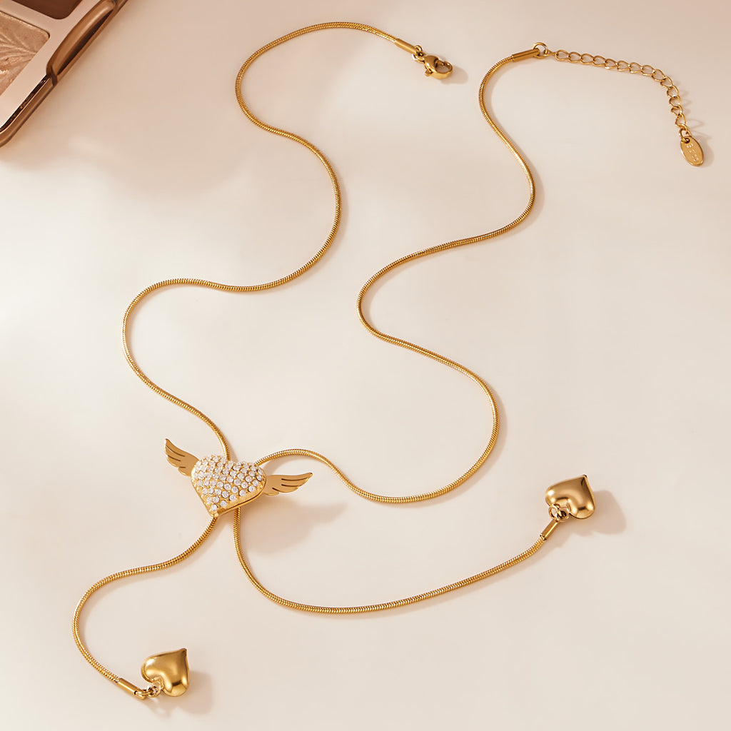 Stainless Steel Zircon Necklace 18K Gold Plated Dazzling Angel Wing Heart Pendant Choker Rope Chain Adjustable Anniversary