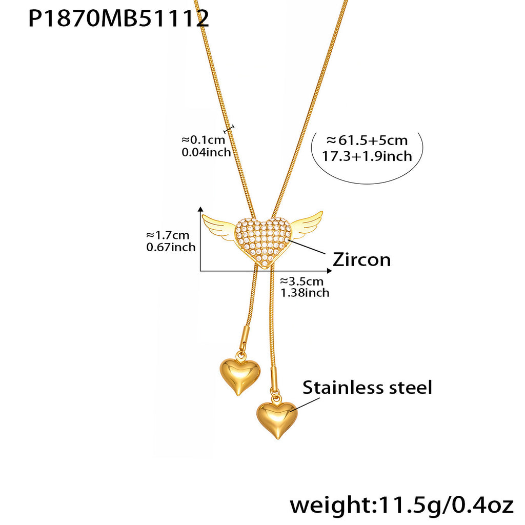 Stainless Steel Zircon Necklace 18K Gold Plated Dazzling Angel Wing Heart Pendant Choker Rope Chain Adjustable Anniversary