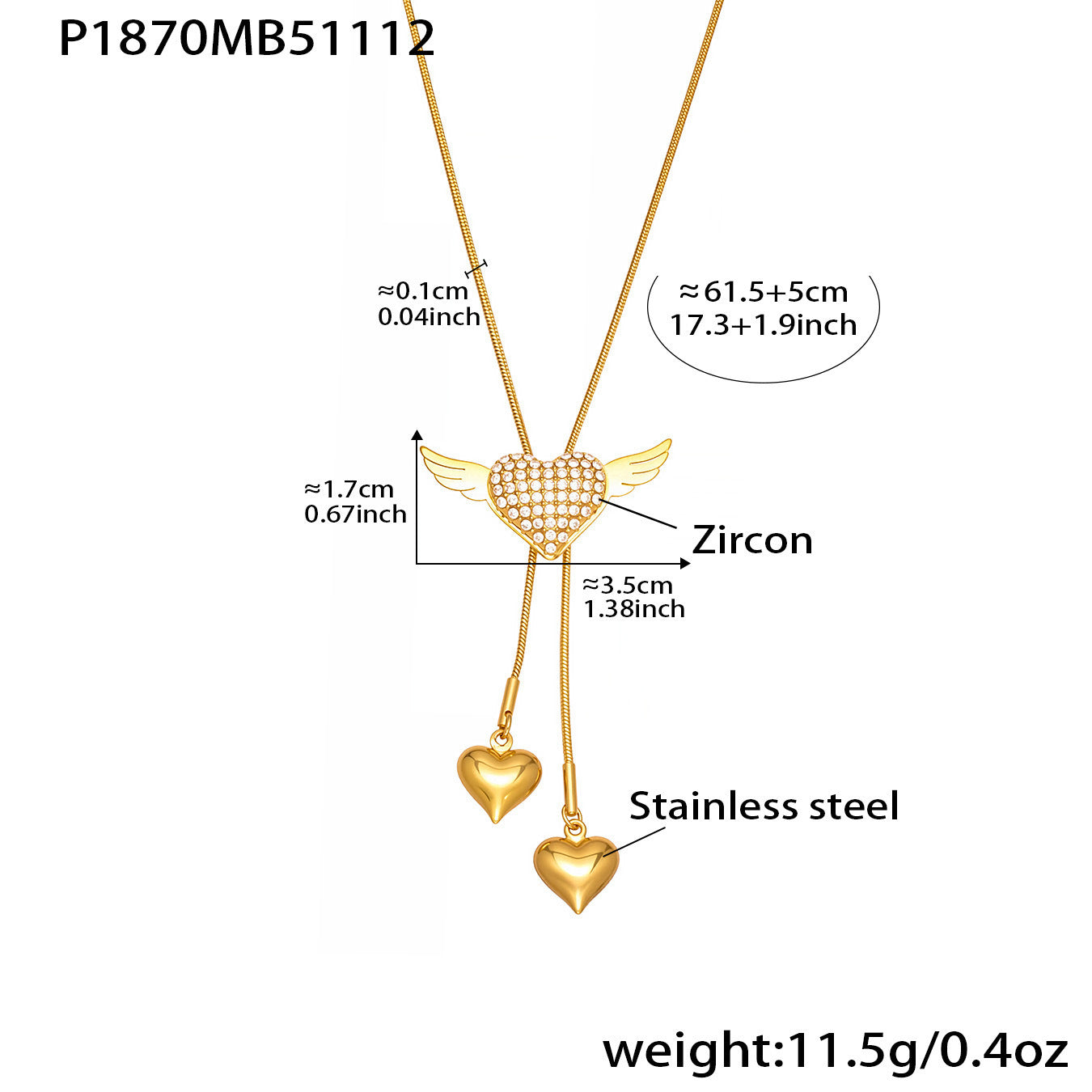 Stainless Steel Zircon Necklace 18K Gold Plated Dazzling Angel Wing Heart Pendant Choker Rope Chain Adjustable Anniversary