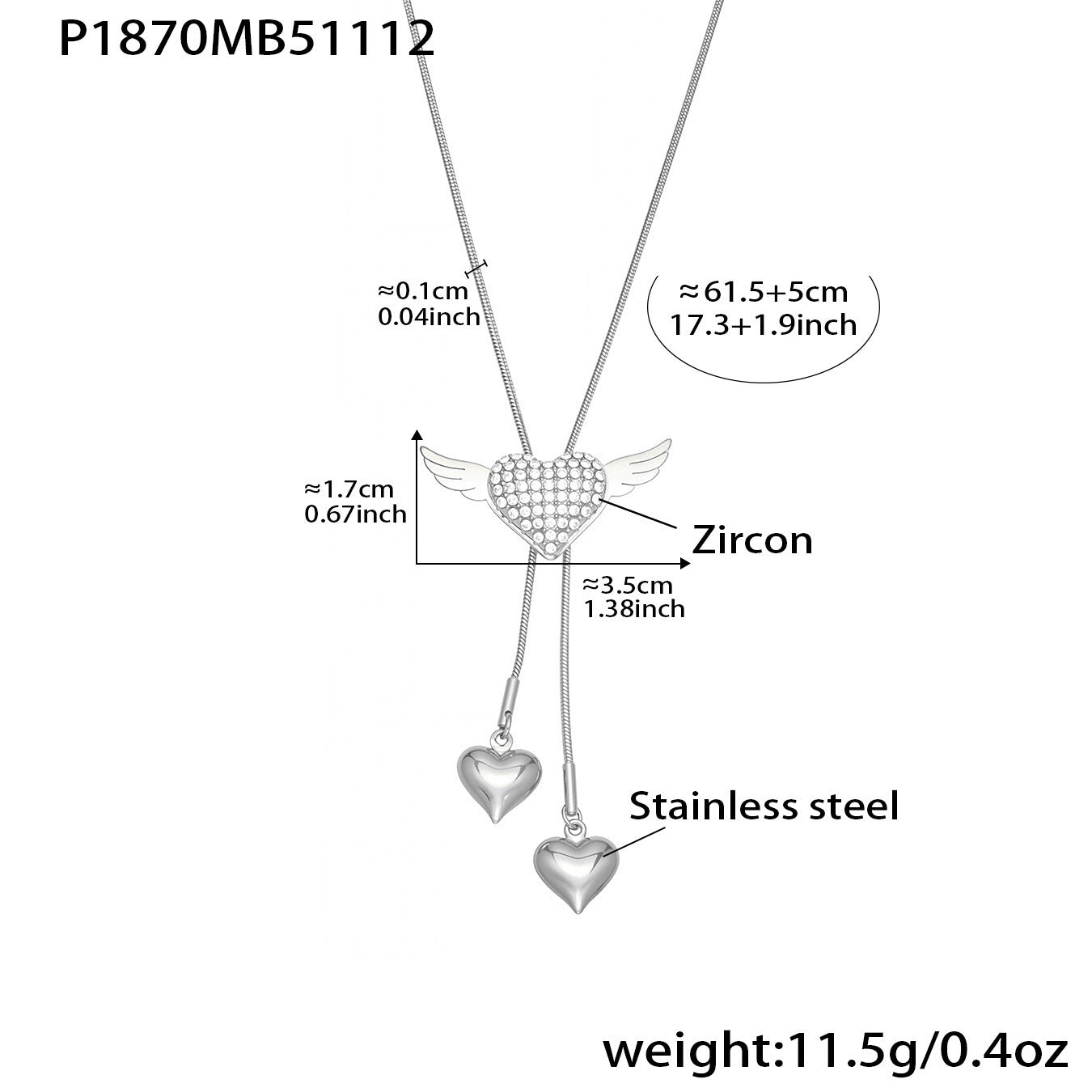 Stainless Steel Zircon Necklace 18K Gold Plated Dazzling Angel Wing Heart Pendant Choker Rope Chain Adjustable Anniversary