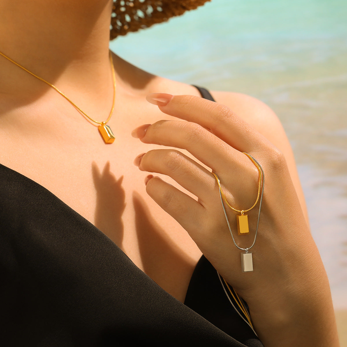 18K Gold Plated Stainless Steel Rope Chain Waterproof Rectangle Pendant Choker Necklace for Women Trendy Anniversary Party