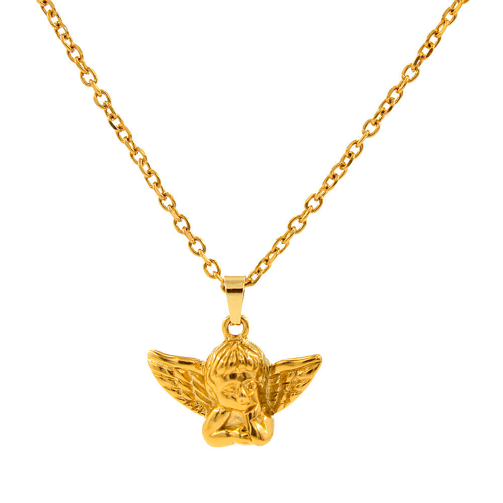 Small Angel Pendant Necklace 18K Gold Plated Stainless Steel Trendy Link Chain Fashion Jewelry for Unisex