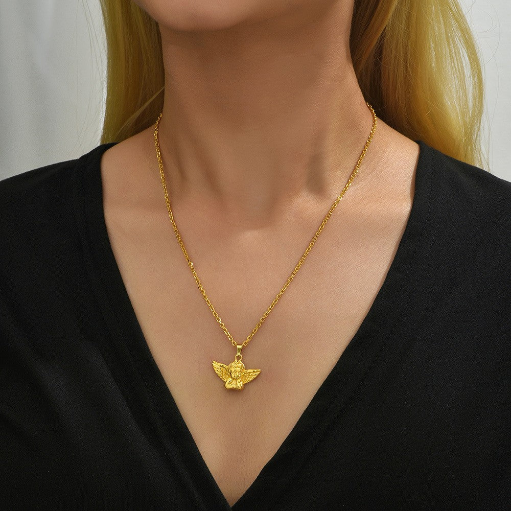 Small Angel Pendant Necklace 18K Gold Plated Stainless Steel Trendy Link Chain Fashion Jewelry for Unisex