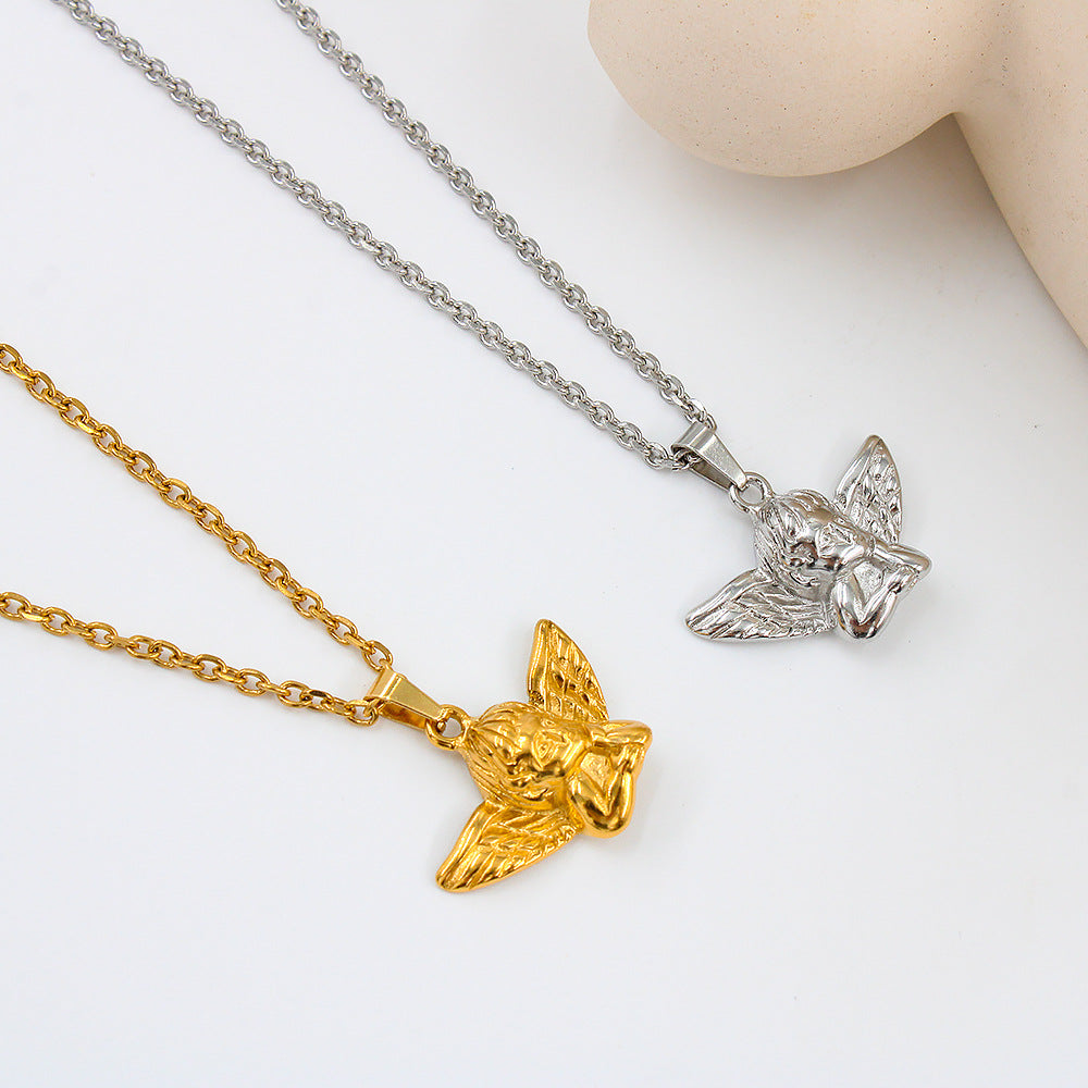 Small Angel Pendant Necklace 18K Gold Plated Stainless Steel Trendy Link Chain Fashion Jewelry for Unisex