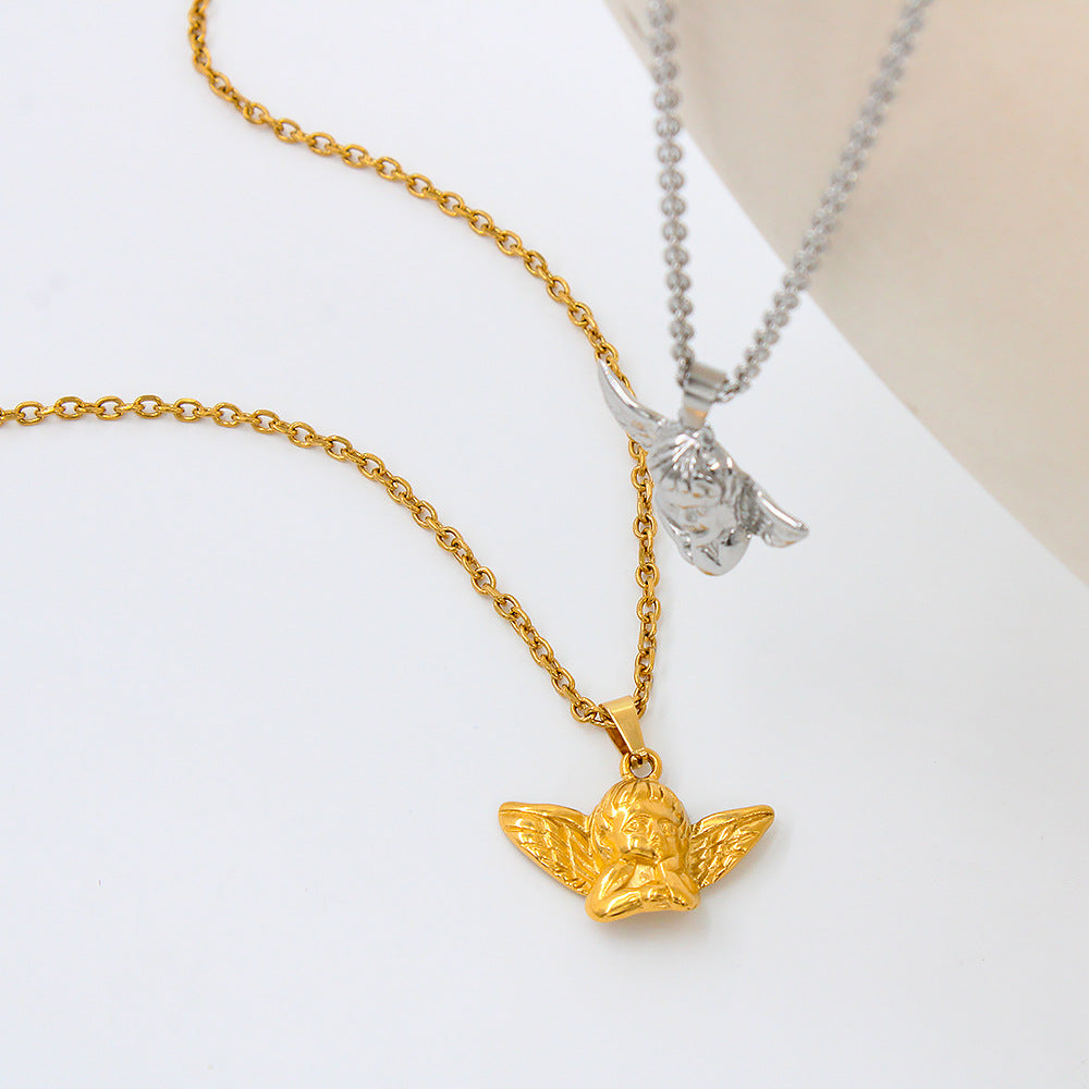 Small Angel Pendant Necklace 18K Gold Plated Stainless Steel Trendy Link Chain Fashion Jewelry for Unisex