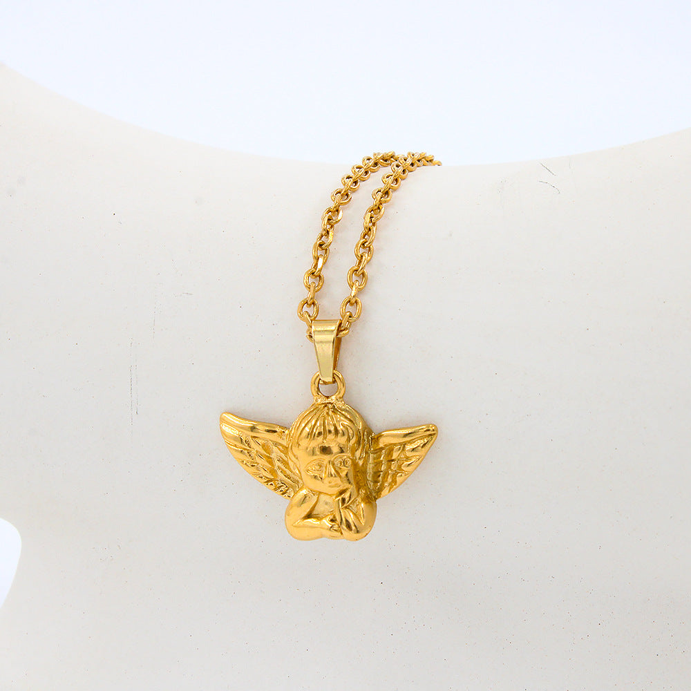 Small Angel Pendant Necklace 18K Gold Plated Stainless Steel Trendy Link Chain Fashion Jewelry for Unisex