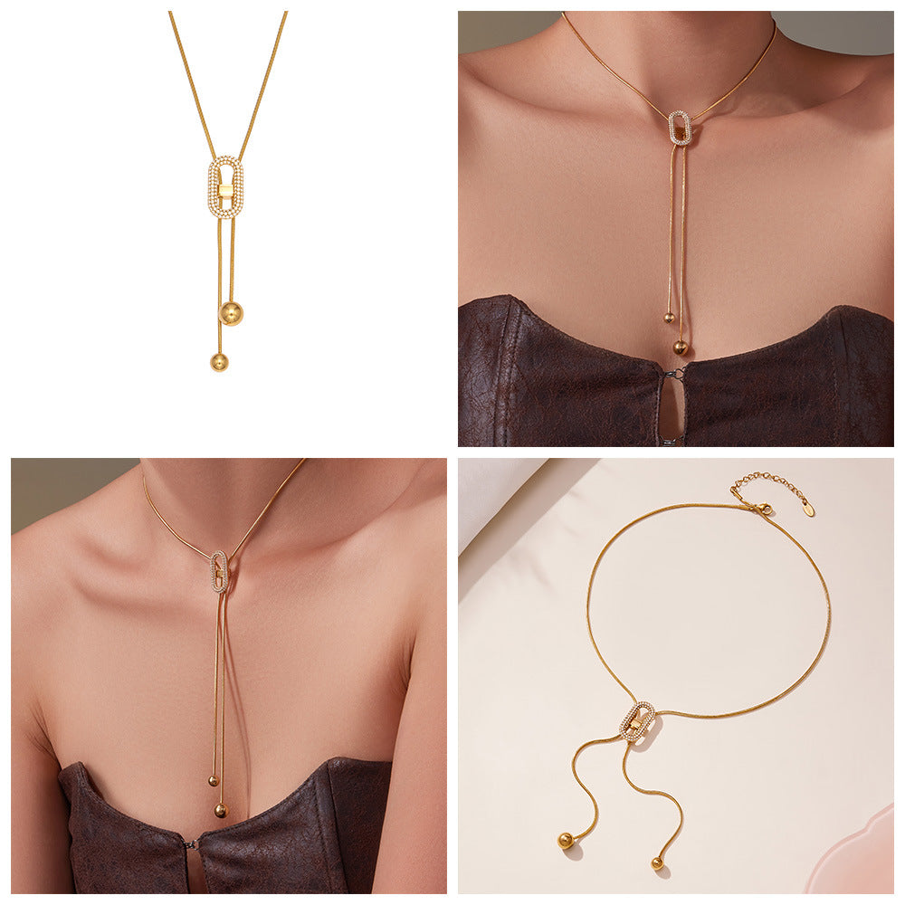 Stainless Steel Classic Zircon Necklace 18K Gold Plated Rope Chain Pendant Adjustable Gift for Anniversary