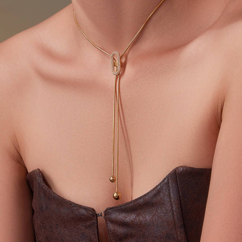 Stainless Steel Classic Zircon Necklace 18K Gold Plated Rope Chain Pendant Adjustable Gift for Anniversary