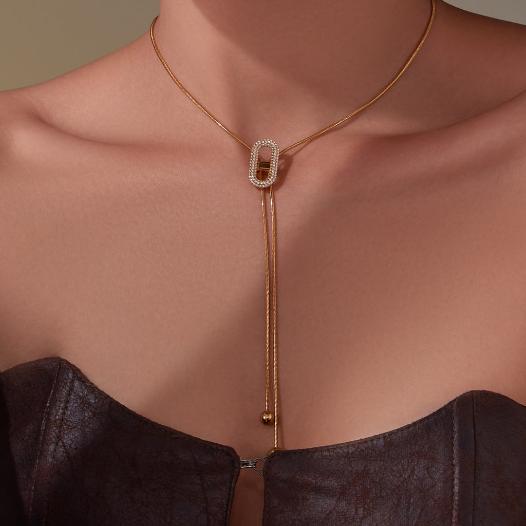 Stainless Steel Classic Zircon Necklace 18K Gold Plated Rope Chain Pendant Adjustable Gift for Anniversary