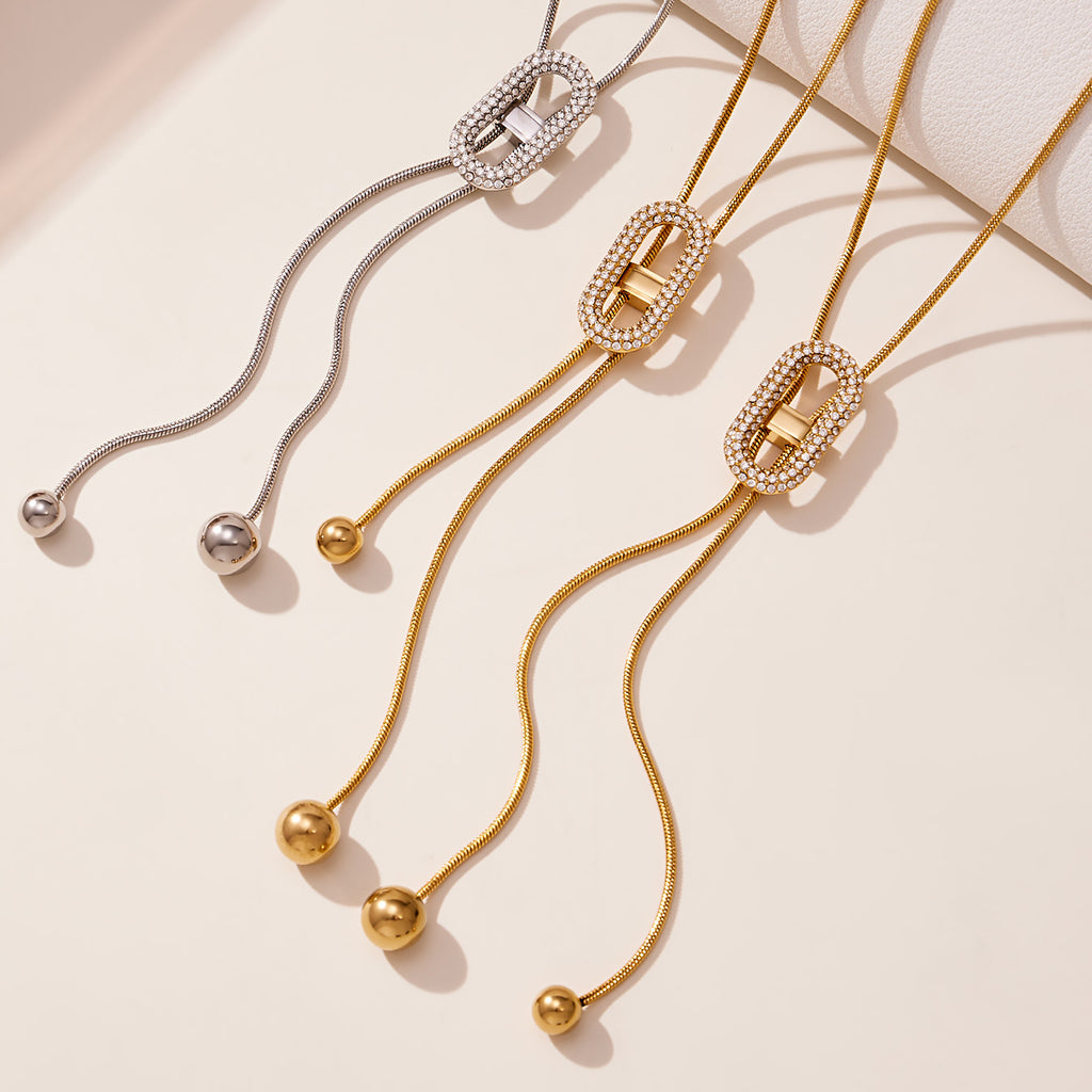 Stainless Steel Classic Zircon Necklace 18K Gold Plated Rope Chain Pendant Adjustable Gift for Anniversary